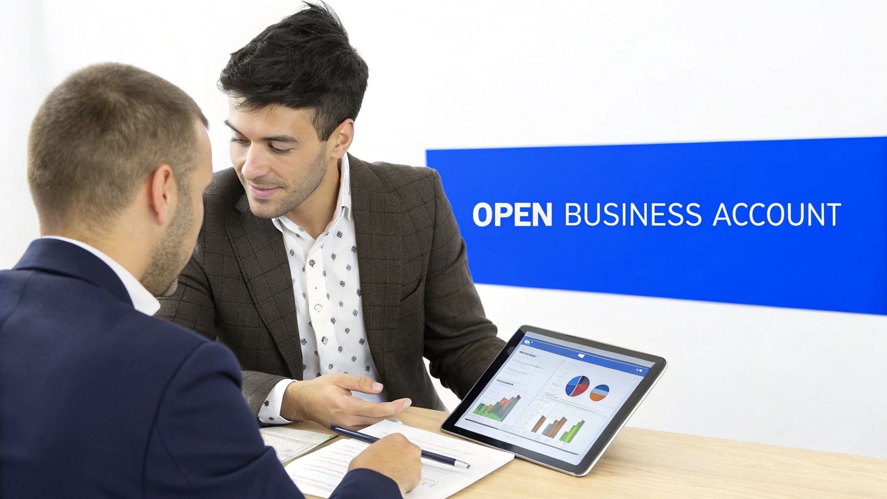 A professional business meeting taking place in a modern Hong Kong office, with a bank representative reviewing documents with an entrepreneur.