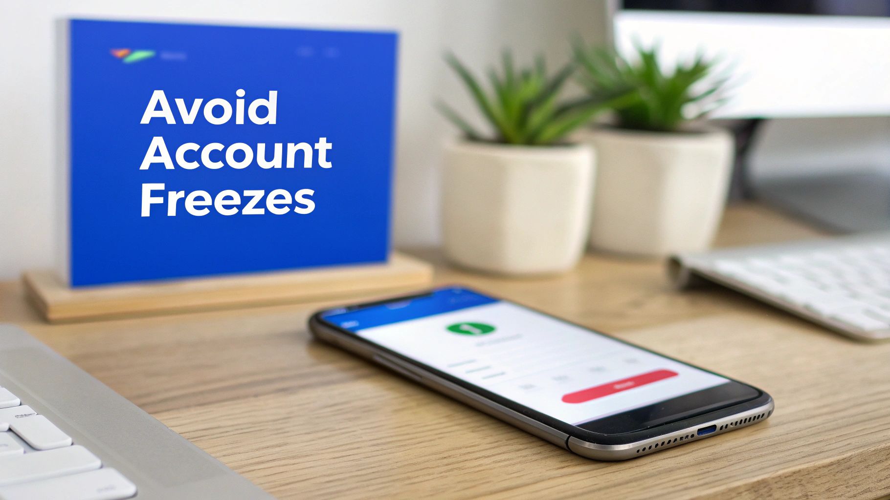 A warning symbol overlaid on a bank card and statements, illustrating the risk of an account freeze.