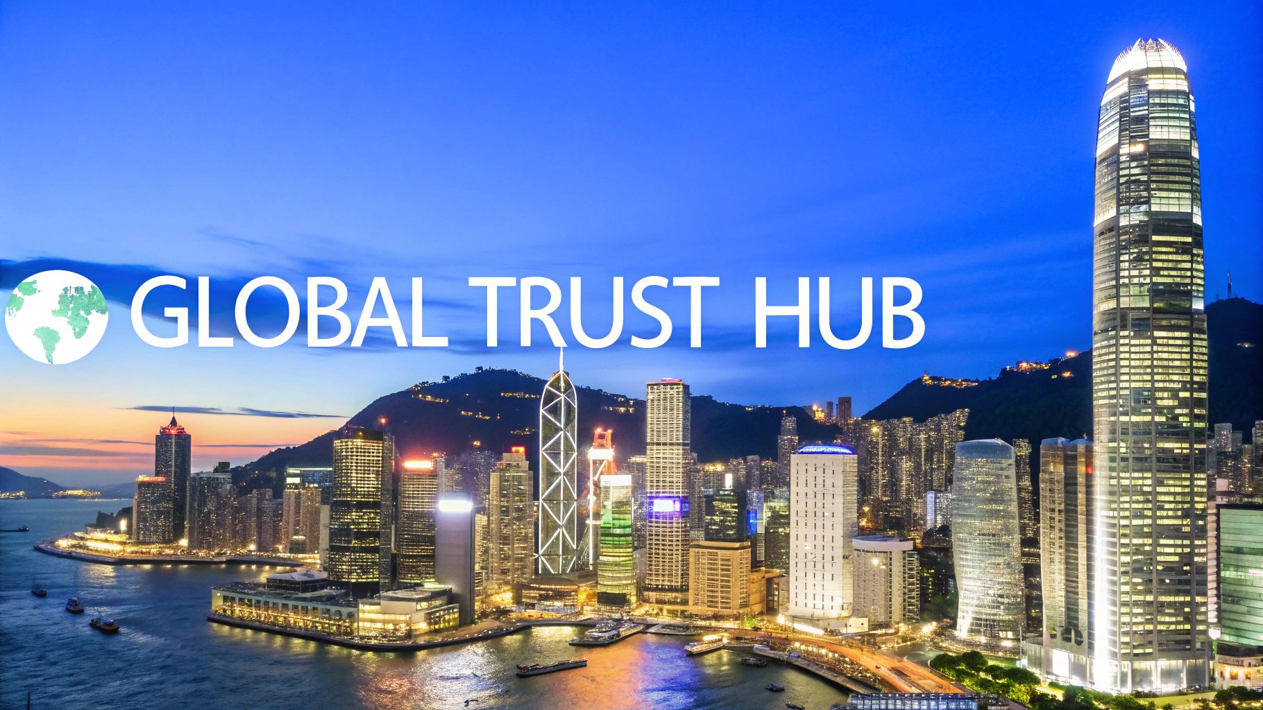 A modern skyline view of Hong Kong's financial district at dusk