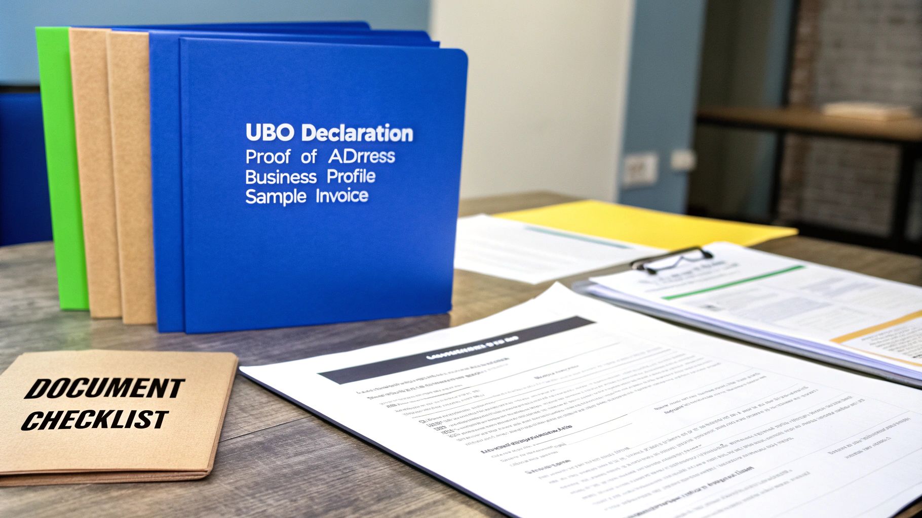 A desk with document folders, a 'DOCUMENT CHECKLIST' notebook, and papers for business account opening.