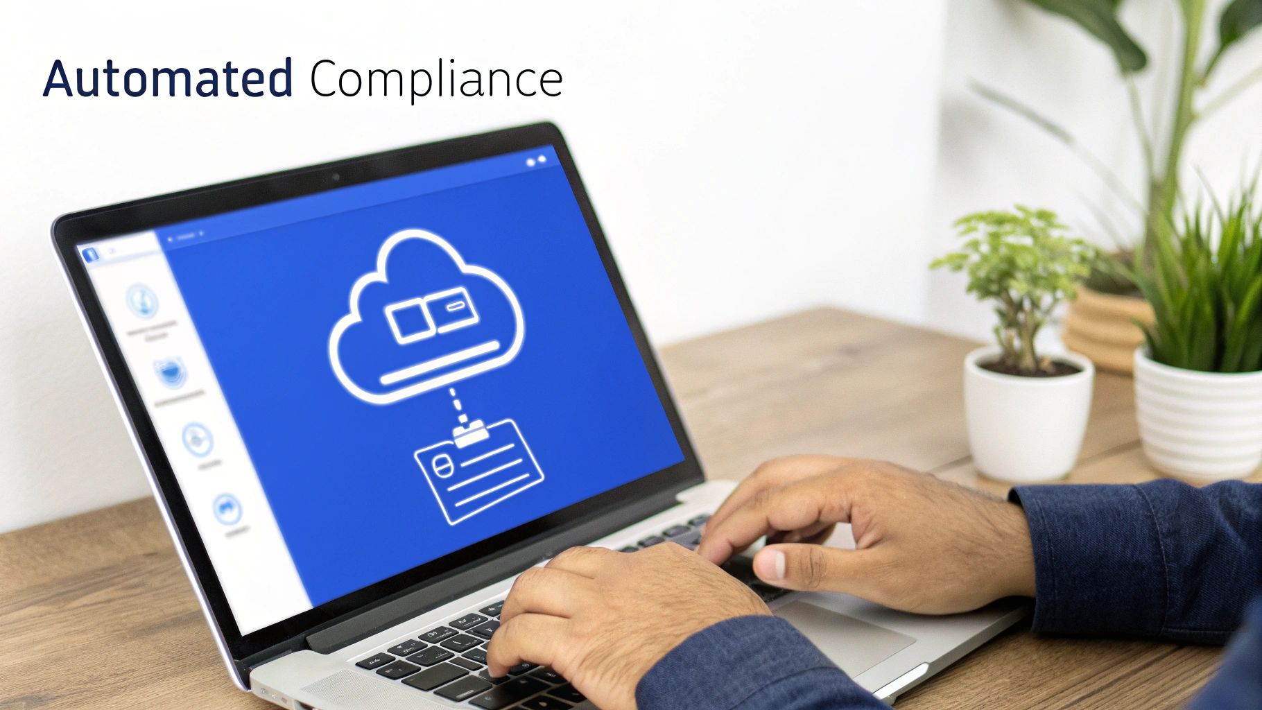 Hands typing on laptop displaying 'Automated Compliance' and cloud with document icons, symbolizing digital solutions.