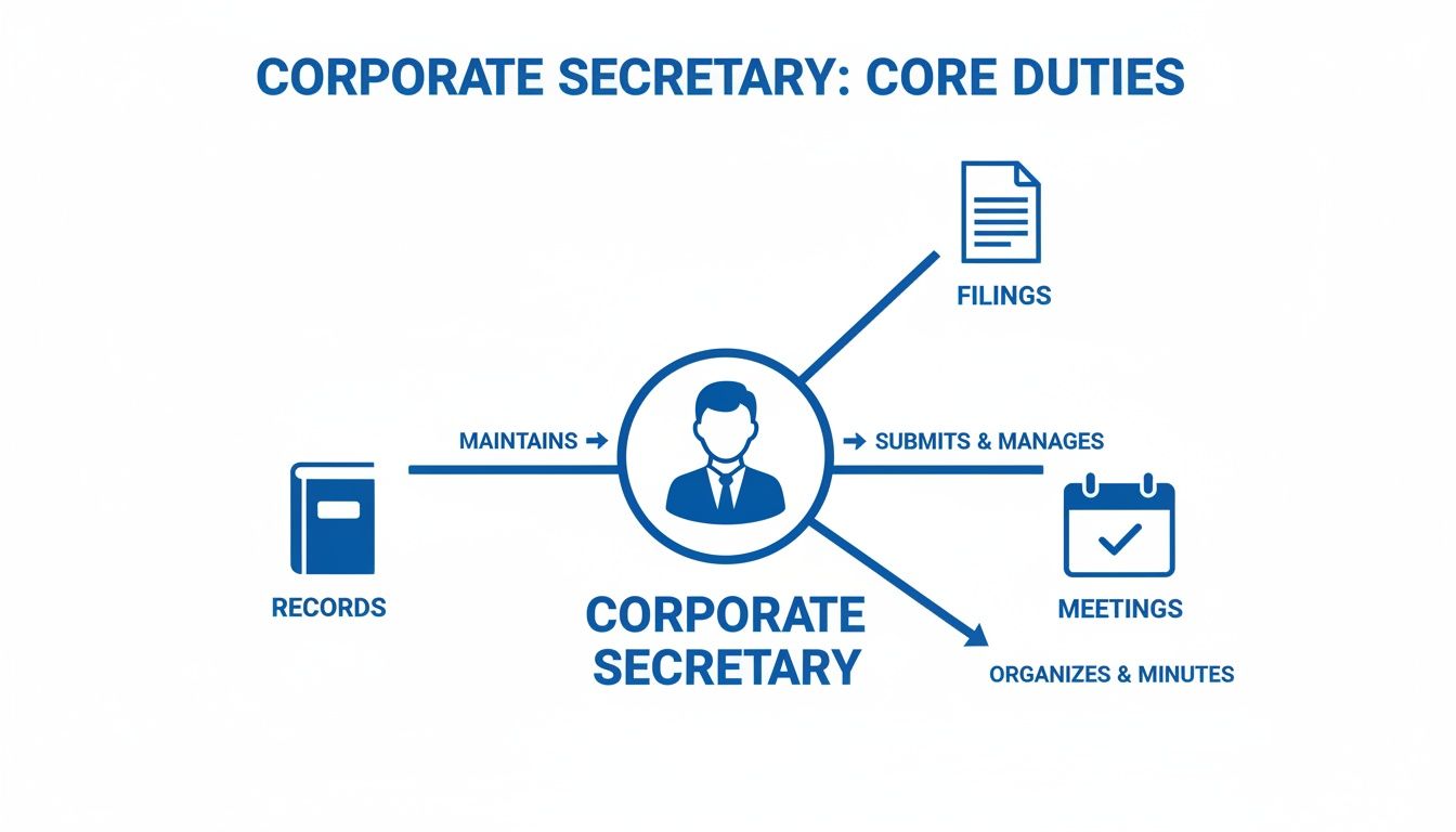 A diagram outlines the core duties of a corporate secretary: maintaining records, managing filings, and organizing meetings.