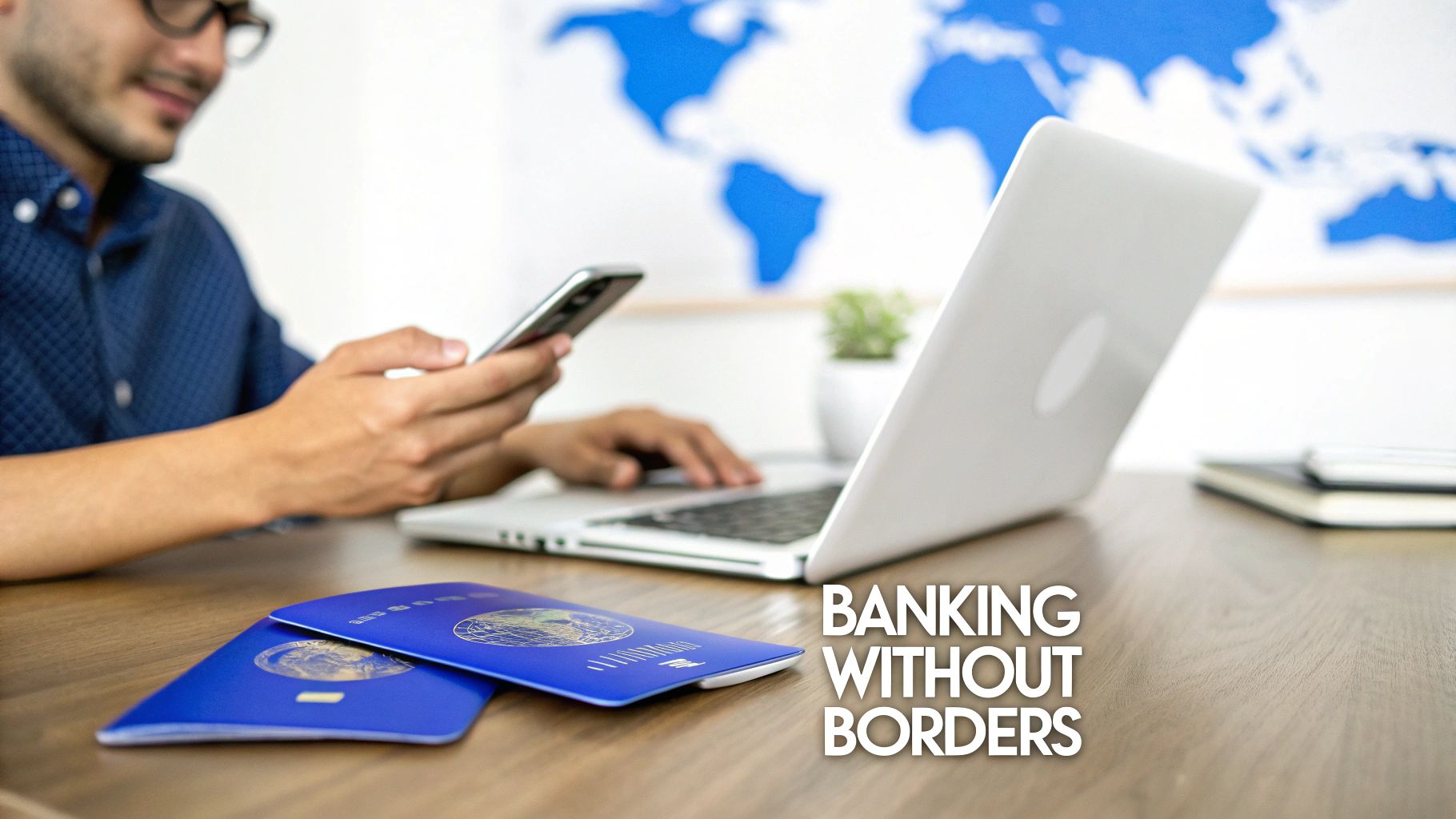 A person uses a smartphone and laptop, with passports and a world map, representing online banking.
