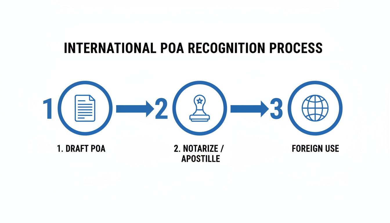 A three-step diagram illustrating the international Power of Attorney recognition process from drafting to foreign use.