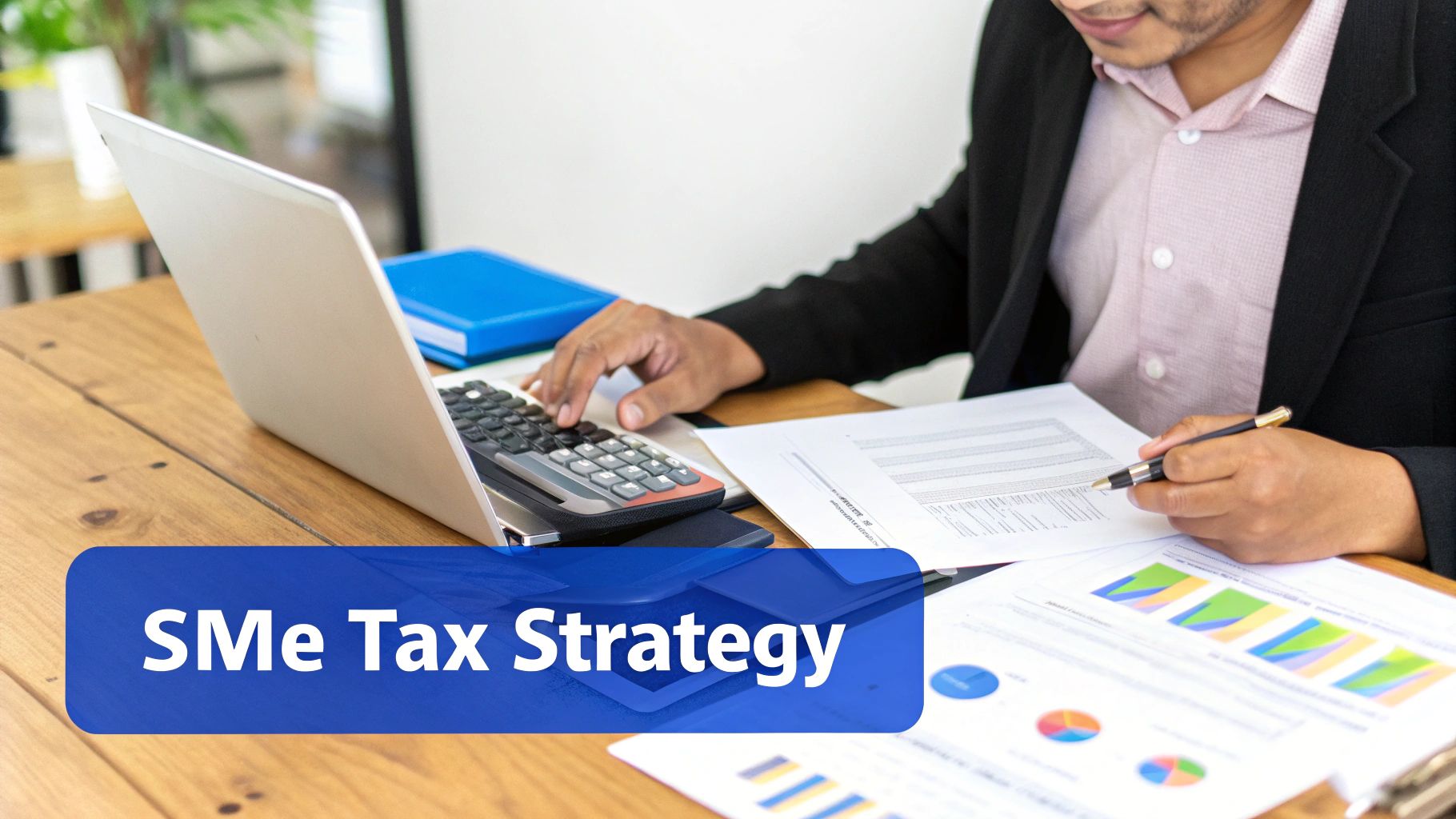 A person reviewing financial documents at a desk, with a calculator and laptop, representing strategic tax planning.