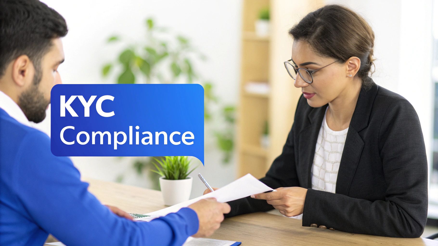 Man and woman reviewing KYC compliance documents for bank account opening.
