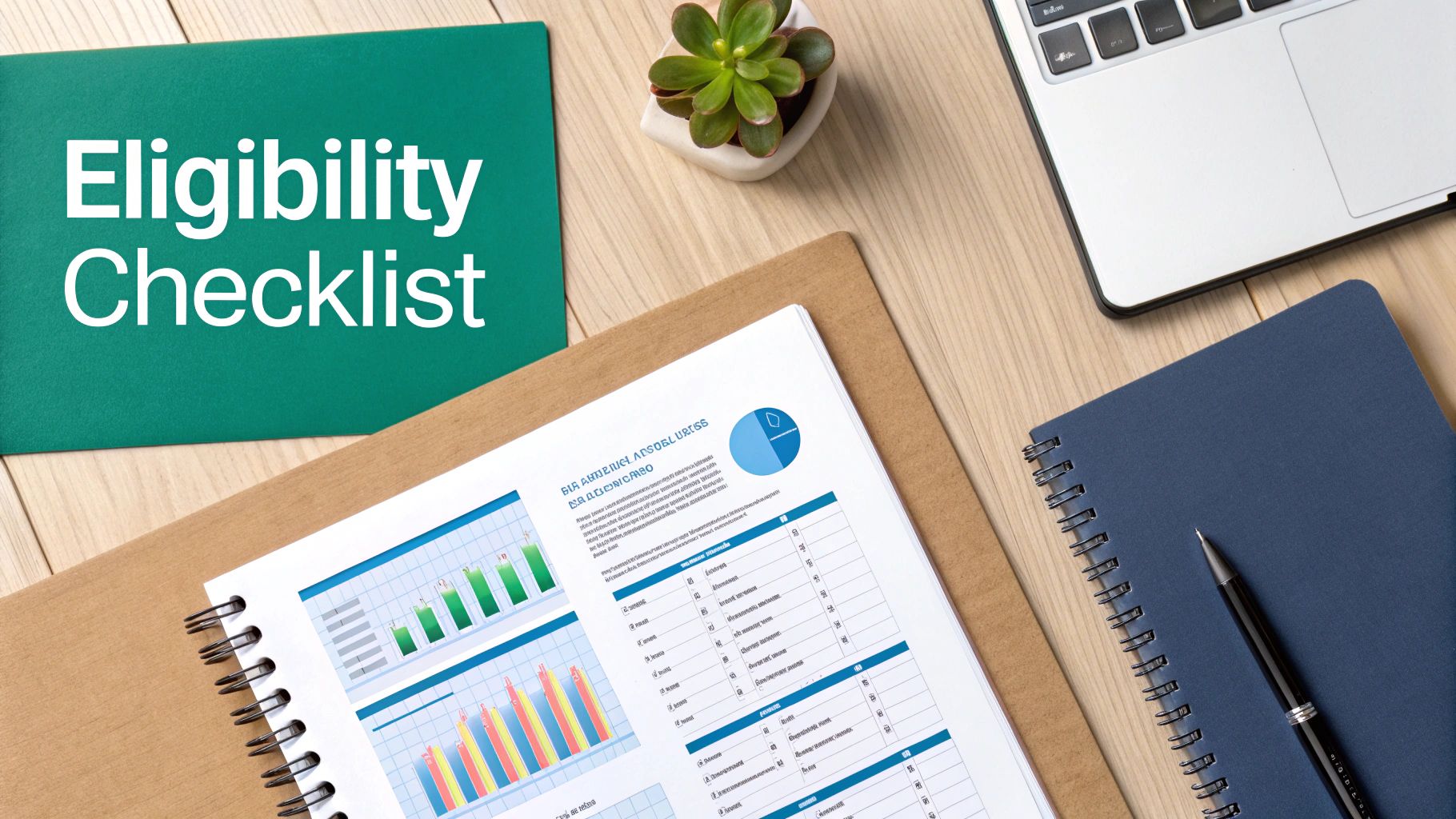 A flat lay desk with an eligibility checklist folder, documents, laptop, notebook, and plant.