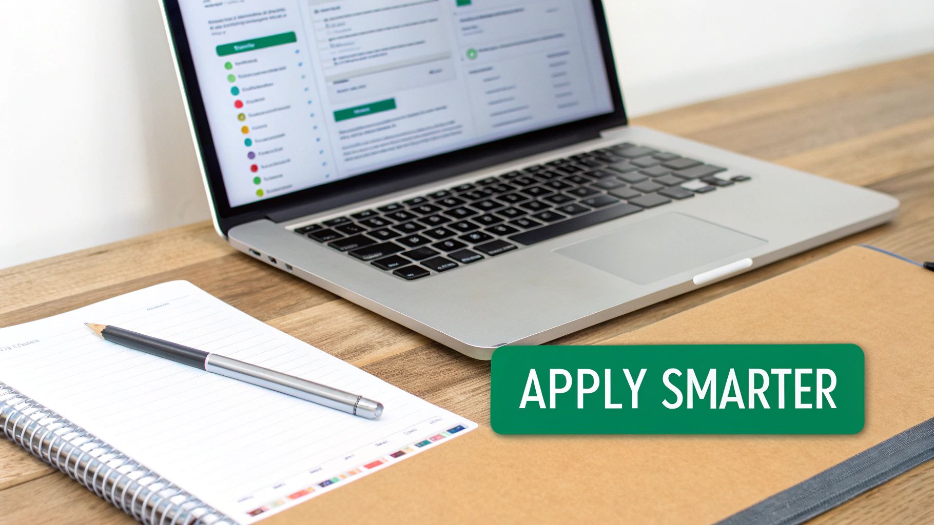 A wooden desk with a laptop displaying an application, an open notebook, pencil, and 'APPLY SMARTER' text.