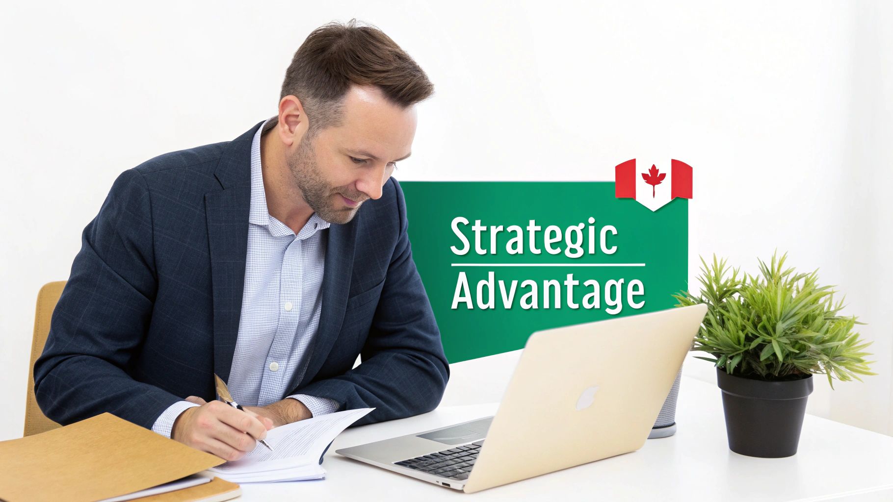 A professional man diligently writing at a desk, with a laptop and a sign reading "Strategic Advantage".