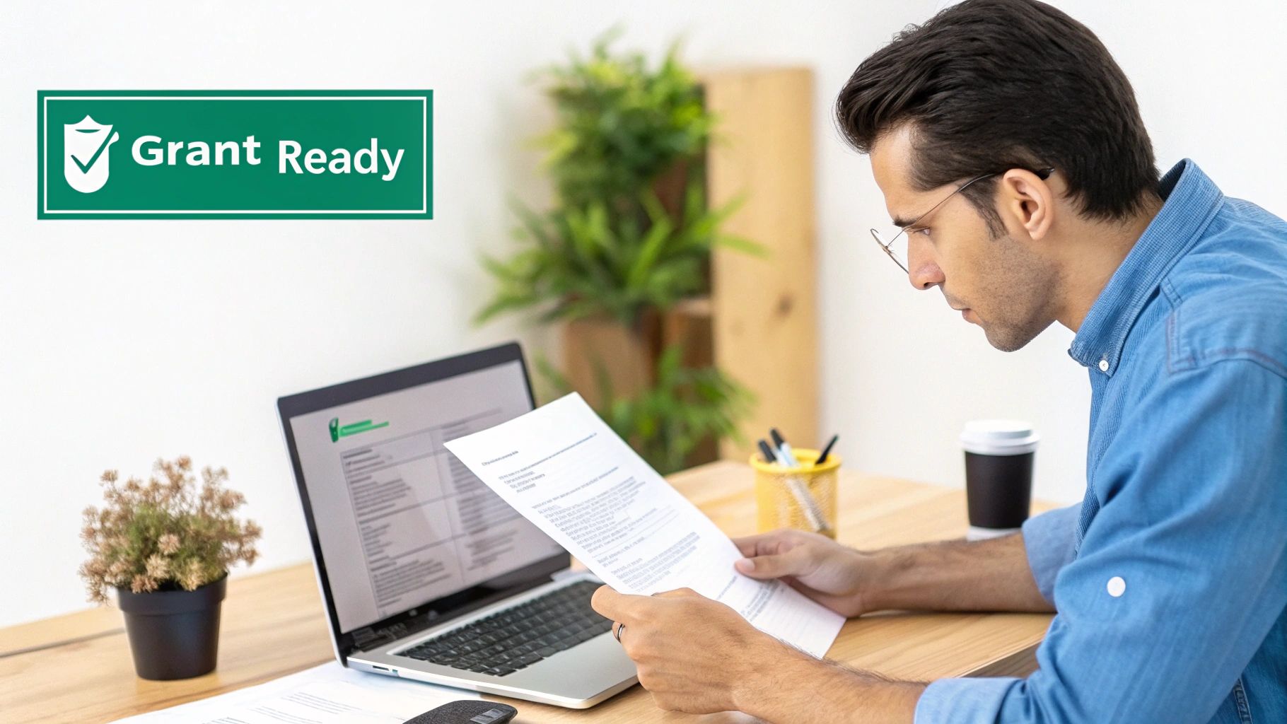 A man in a blue shirt and glasses reviews grant documents at a desk with a laptop.