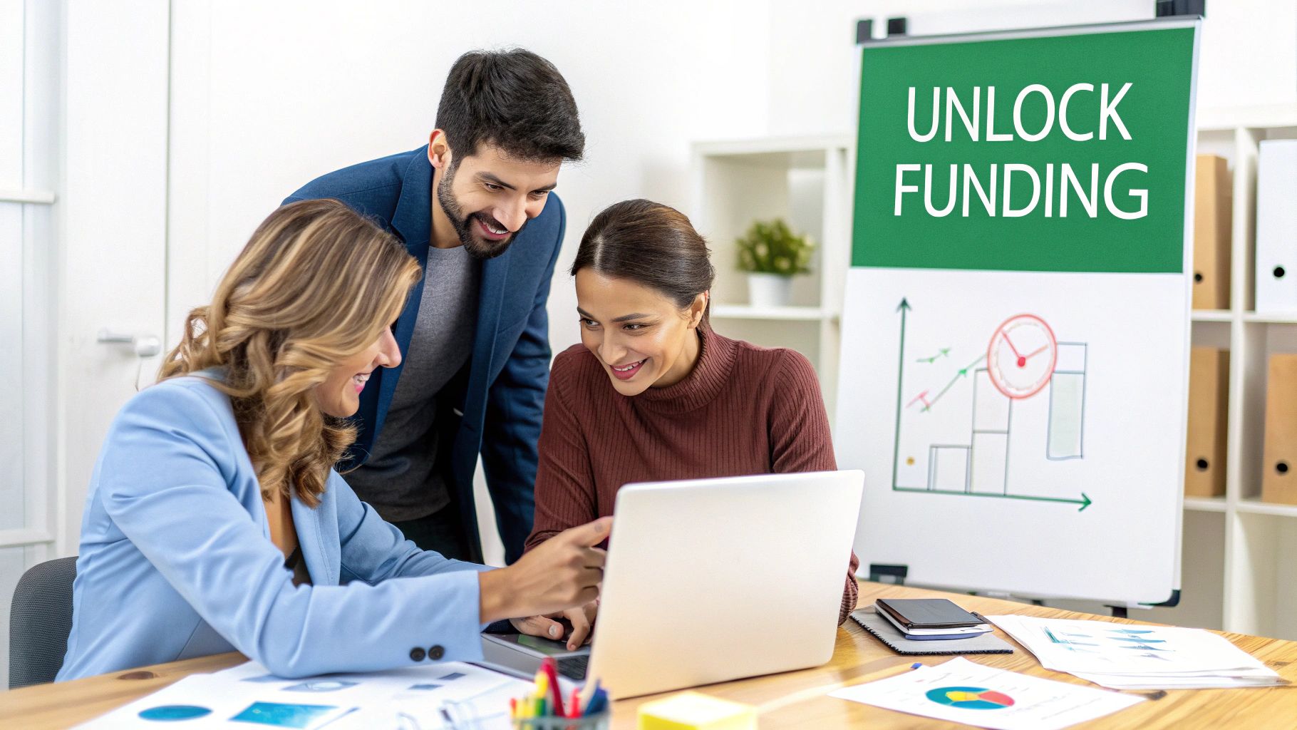Three diverse business professionals collaborate on a laptop in an office, discussing funding strategies.