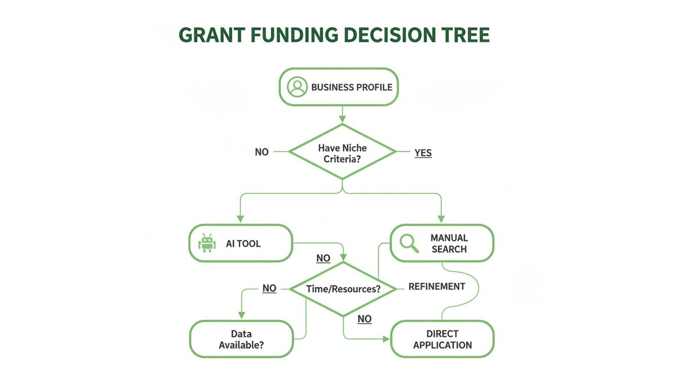 A comprehensive grant funding decision tree flowchart, detailing pathways from business profile to direct application.