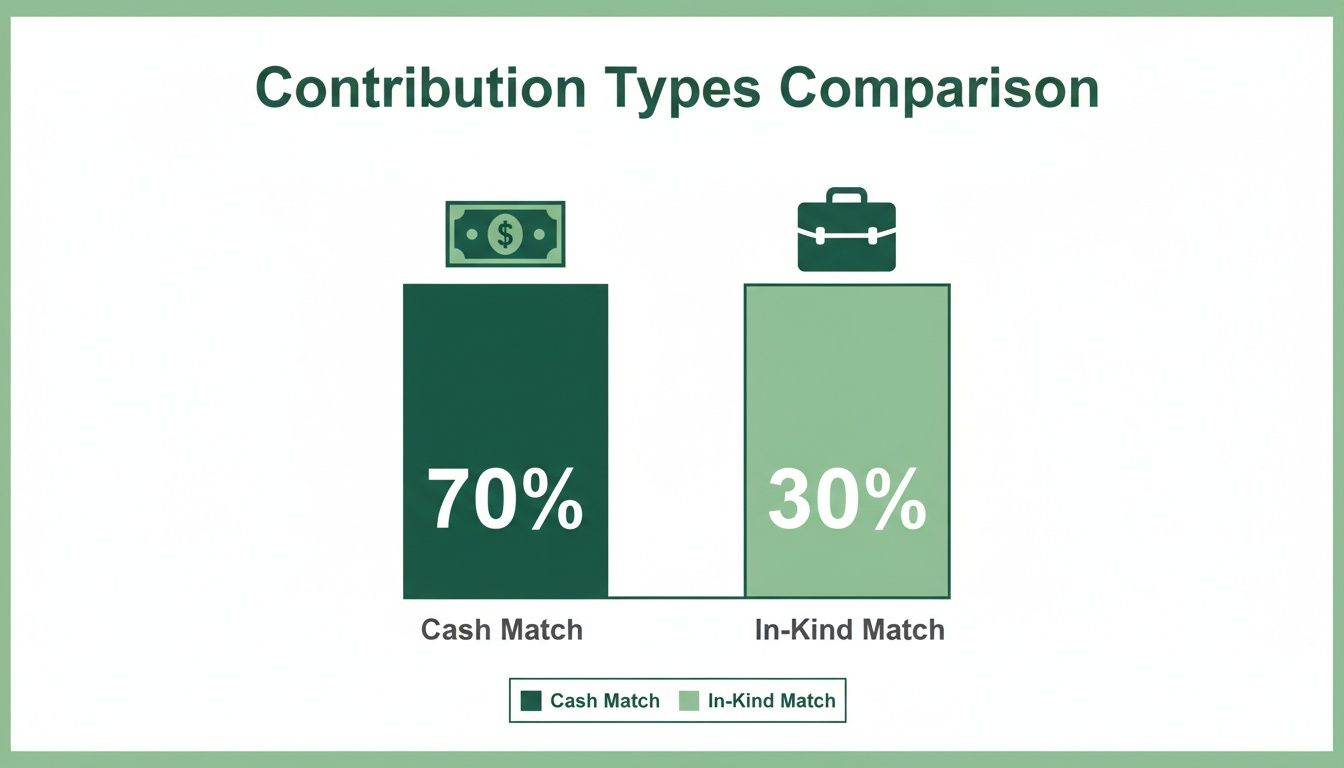 A bar chart comparing contribution types: Cash Match (70%) with a money icon, and In-Kind Match (30%) with a briefcase icon.