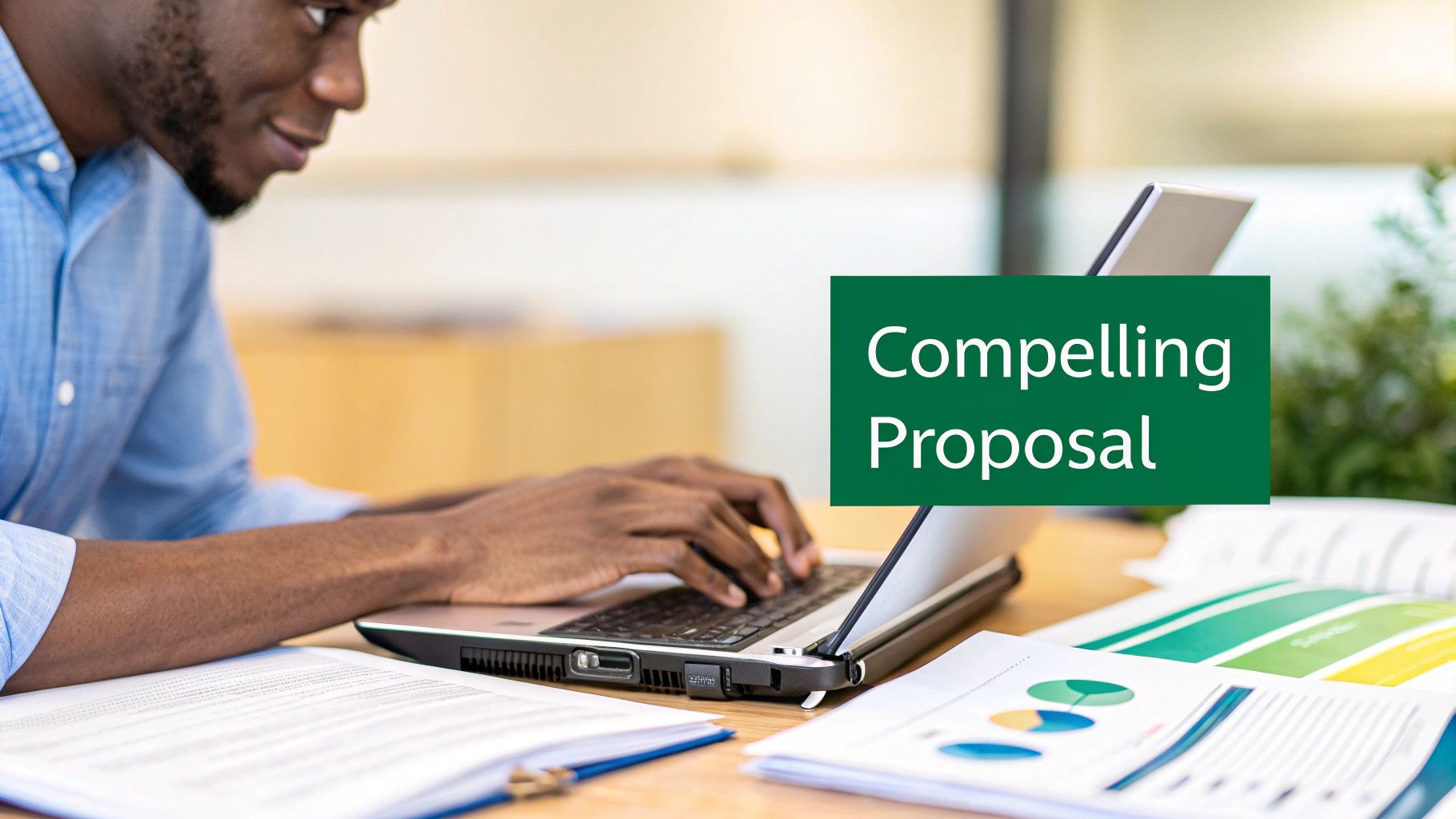 A Black man typing on a laptop, focused on writing a compelling proposal, with business documents and charts on his desk.