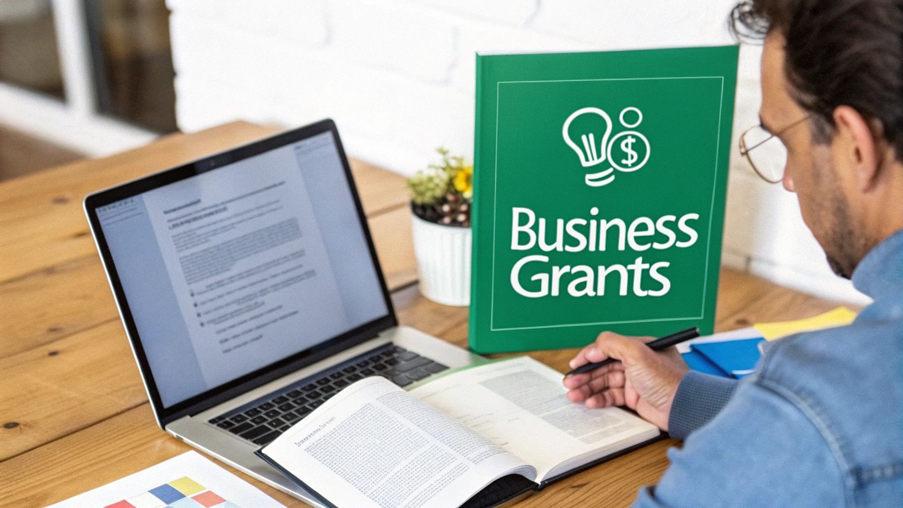 A person with glasses sits at a desk, looking at a laptop and a book, with a 'Business Grants' folder nearby.