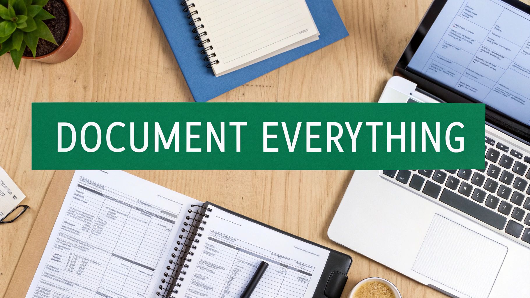 Overhead view of a workspace with a 'DOCUMENT EVERYTHING' banner, laptop, notebooks, and office supplies.