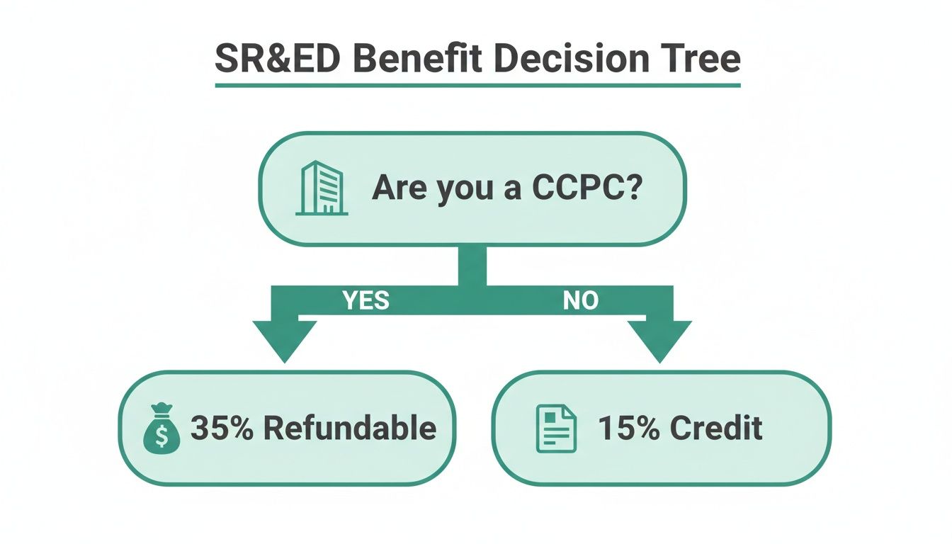 A SR&ED Benefit Decision Tree outlining tax credit options based on Canadian Controlled Private Corporation (CCPC) status.