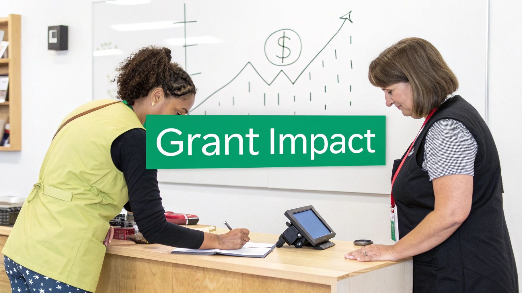 Two women work at a counter, one writing, with a whiteboard showing financial growth and "Grant Impact" text.