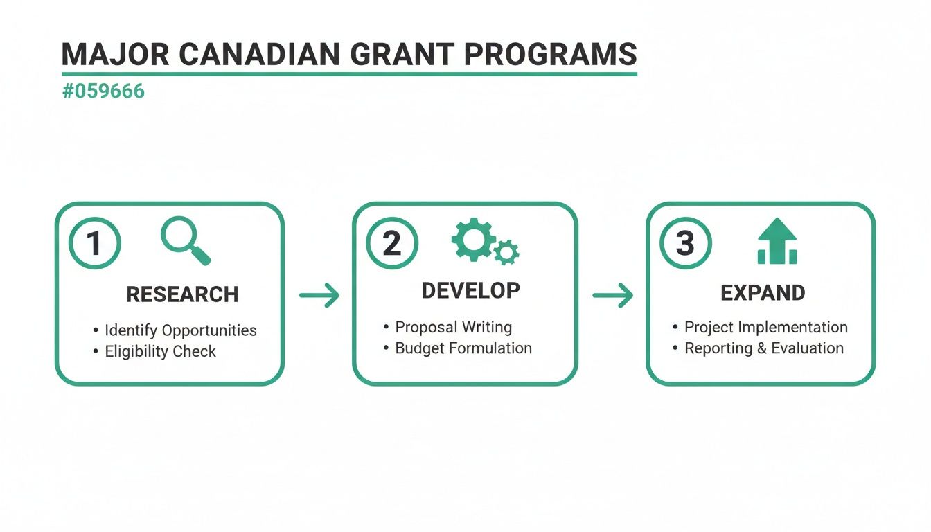Infographic illustrating the three-step process for Major Canadian Grant Programs: Research, Develop, and Expand.