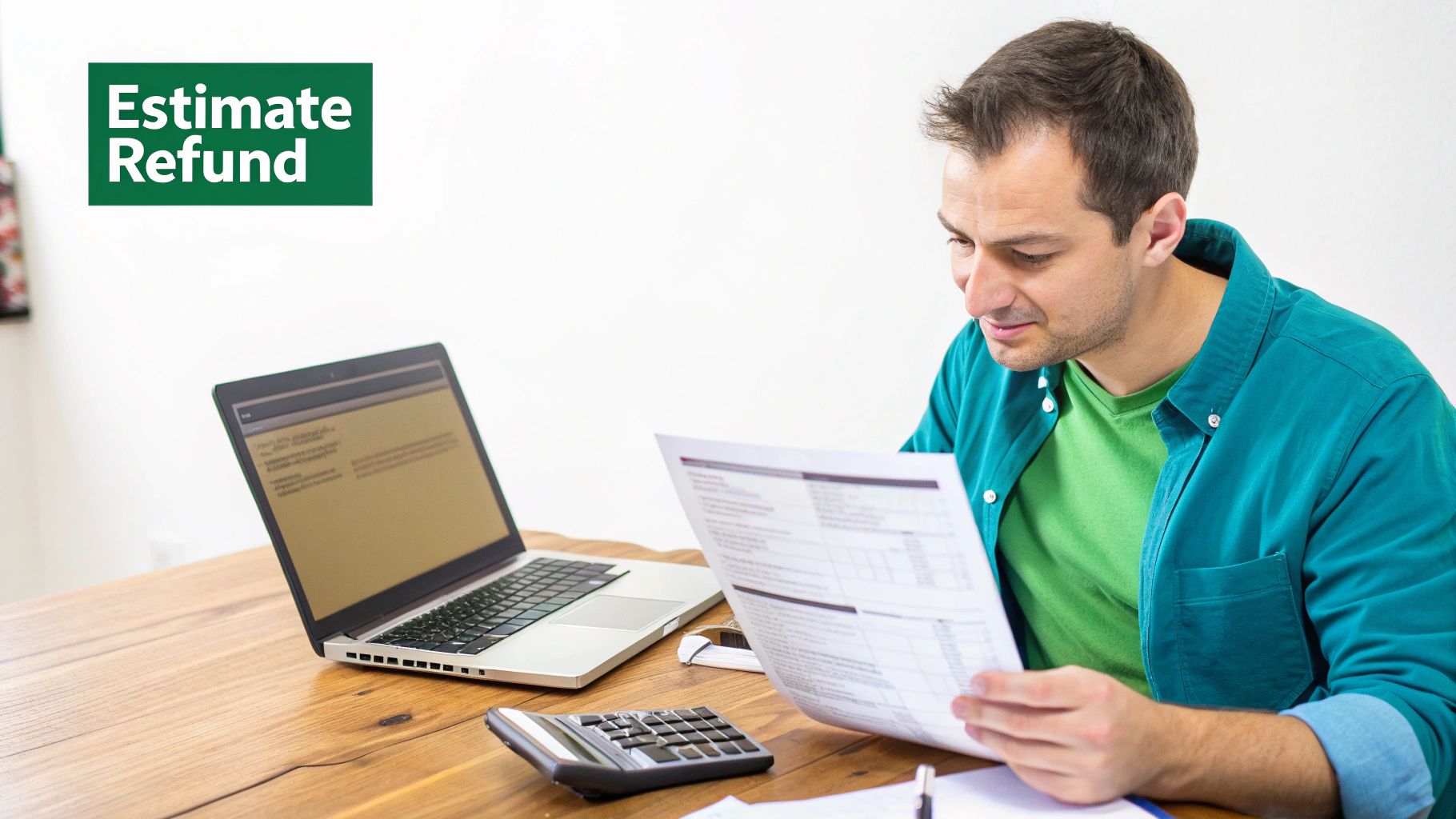 A man estimates his tax refund, holding papers while working with a laptop and calculator.