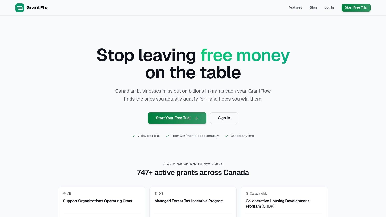 An image showcasing the GrantFlow platform's user interface, highlighting its grant matching and application features for businesses seeking temporary financial assistance in Ontario.