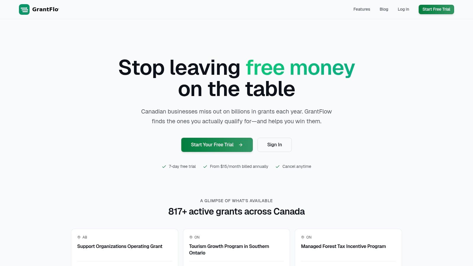 GrantFlow dashboard showing grant opportunities with match scores and status tracking.