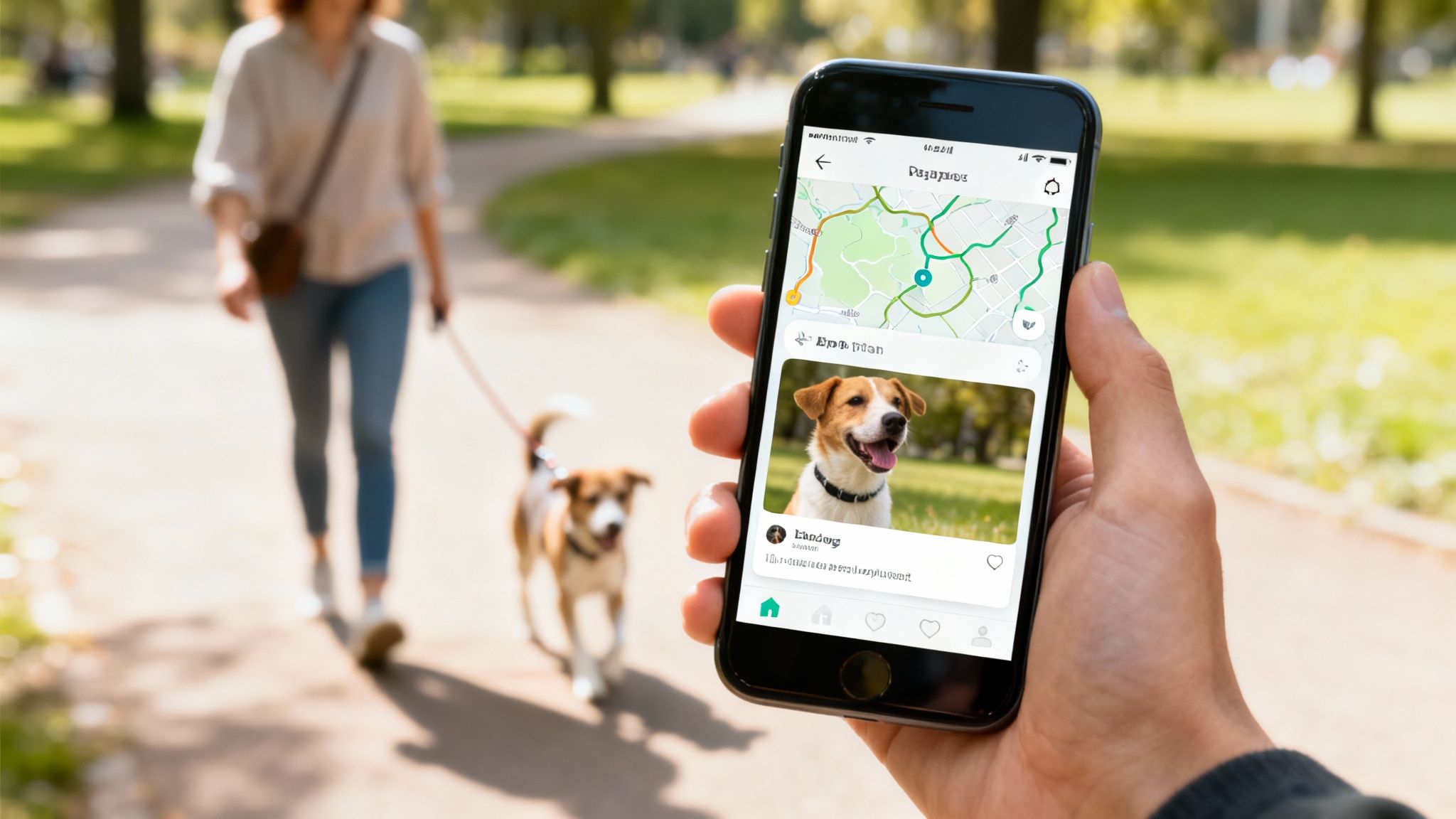 A person using a smartphone app to track their dog's walk, with a map and photo updates visible.