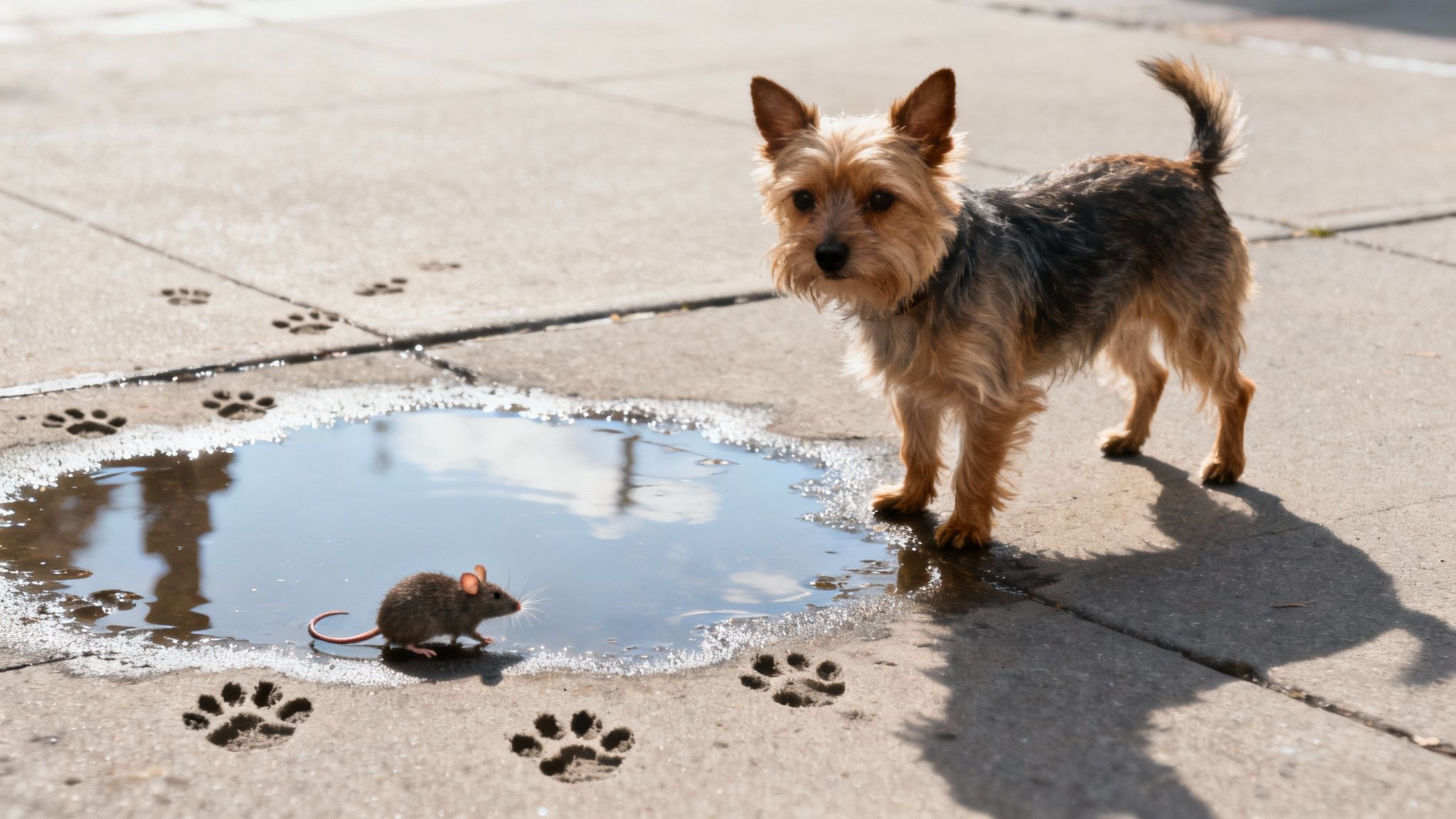 A dog joyfully exploring a UK woodland path near a puddle, illustrating a common risk environment for leptospirosis.