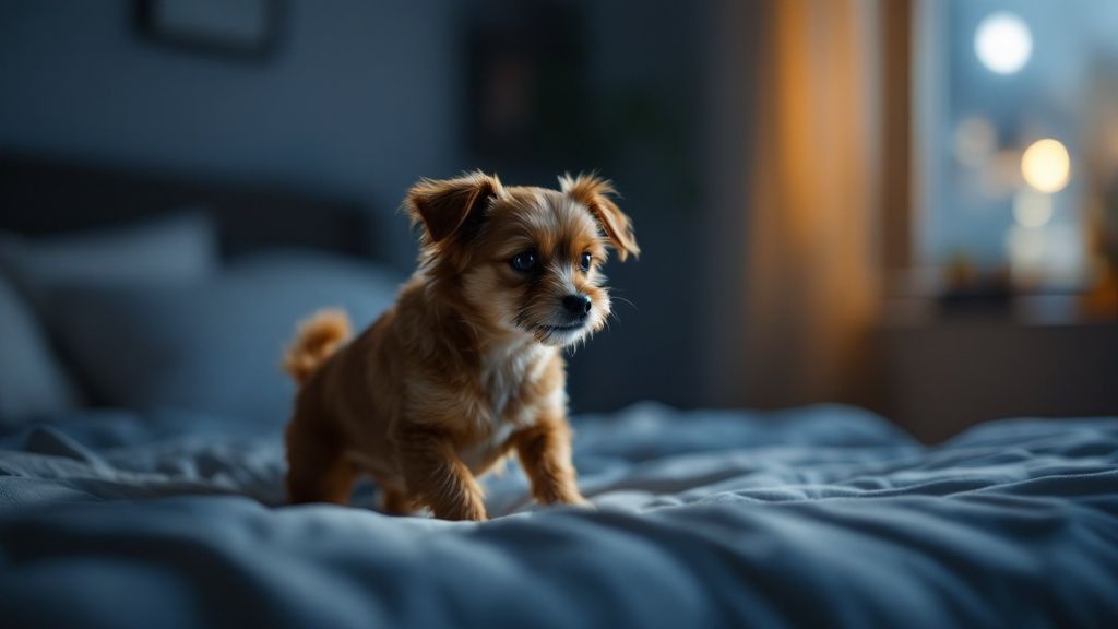 A thoughtful-looking dog lying on a bed at night