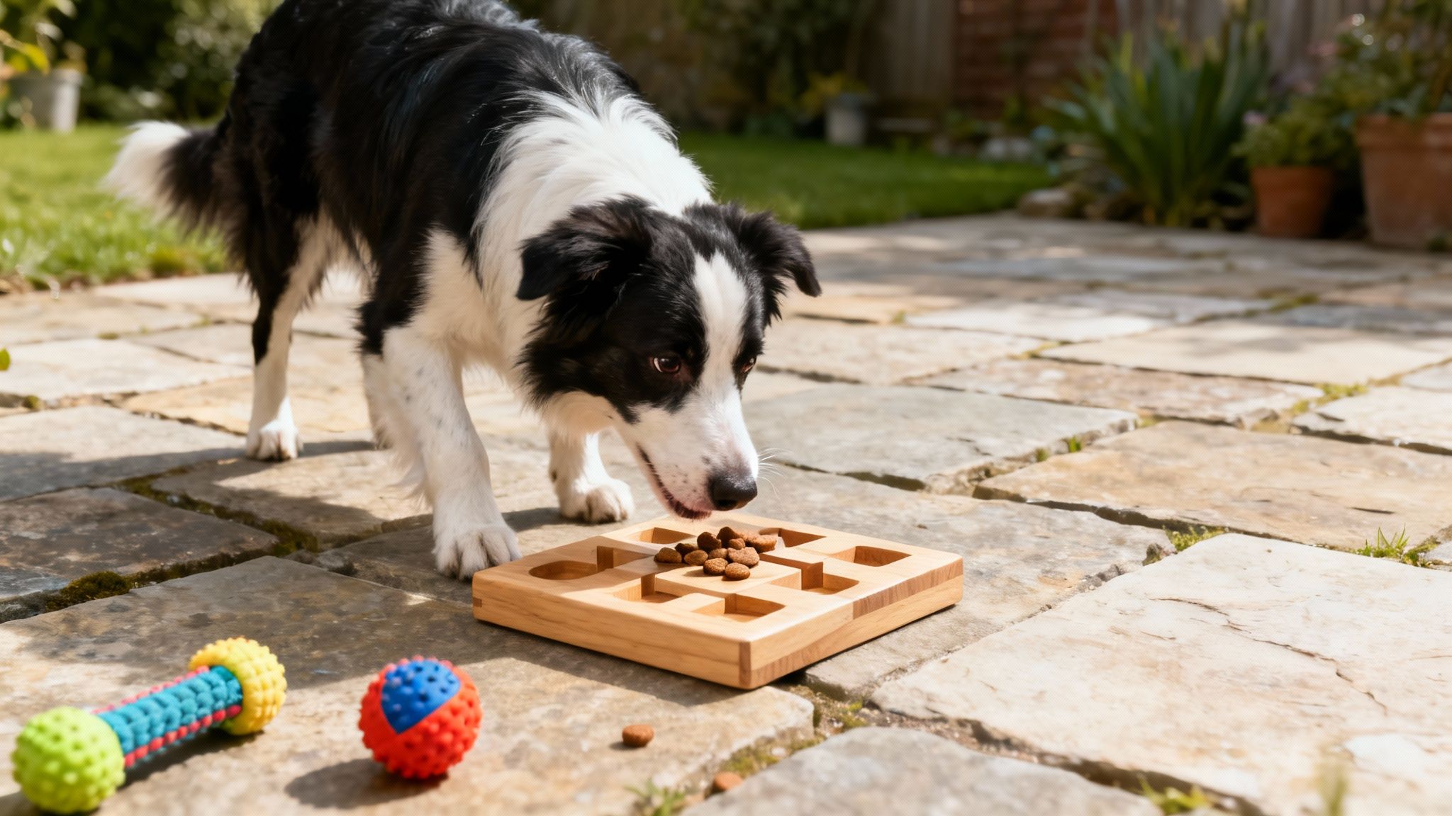 A happy dog playing with a puzzle toy on a green lawn.