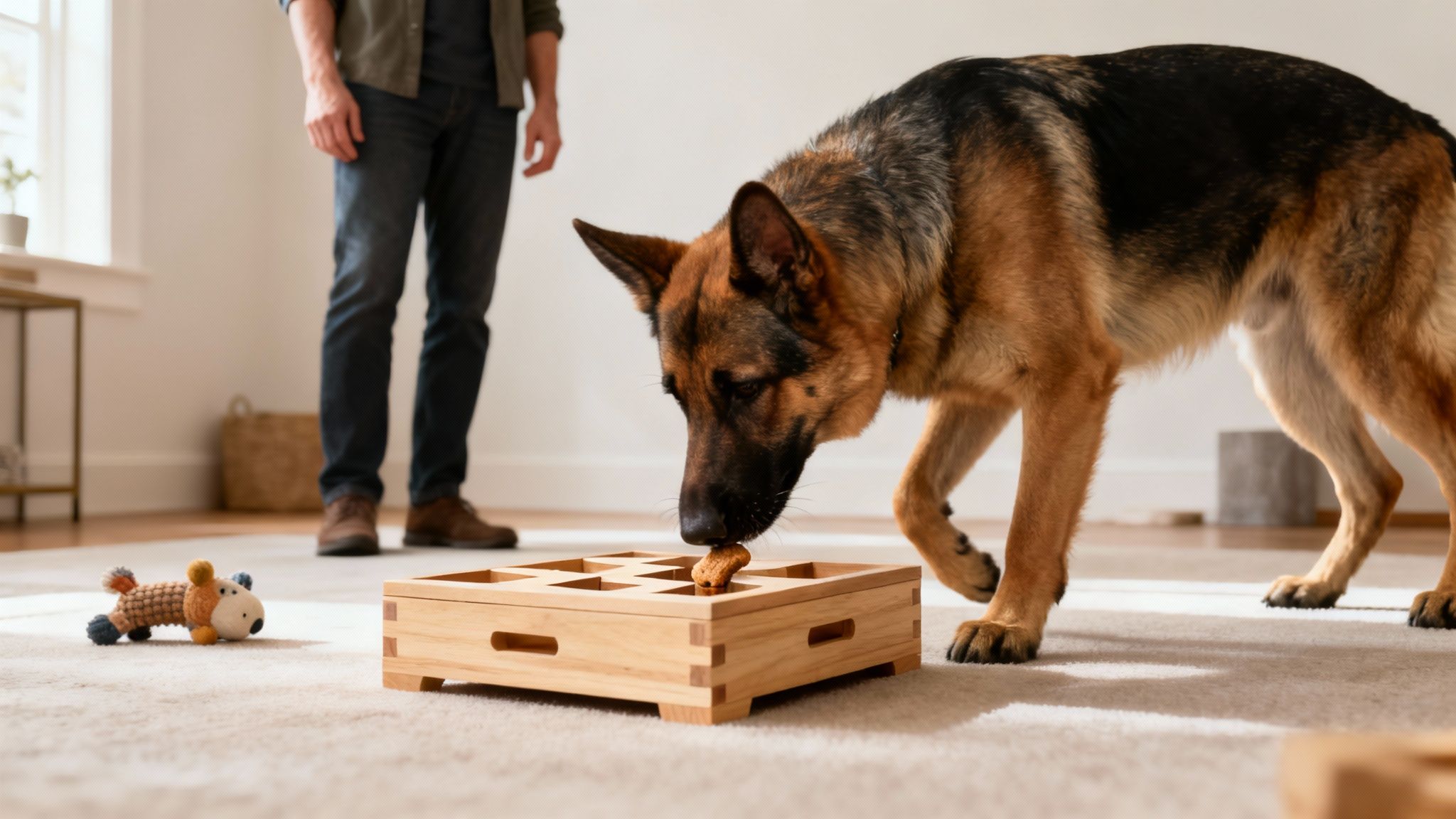 A happy German Shepherd playing with a puzzle toy.