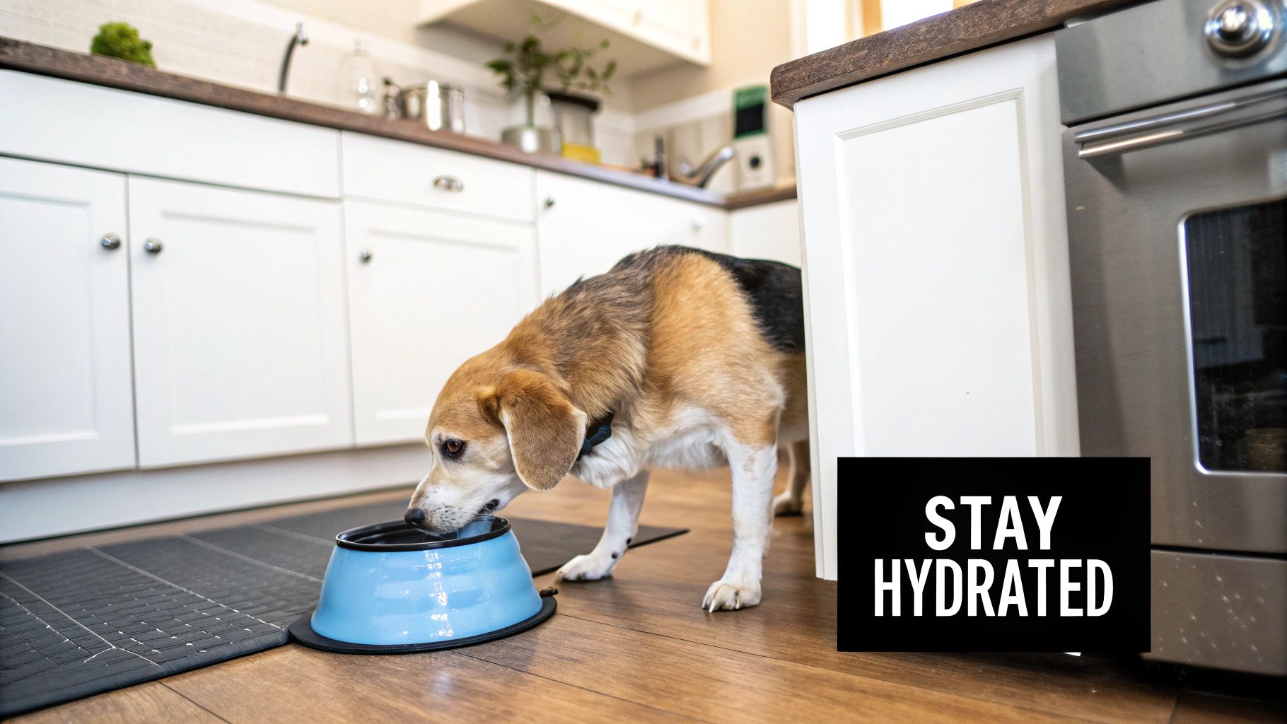 A golden retriever drinking water from a blue bowl on a tiled floor