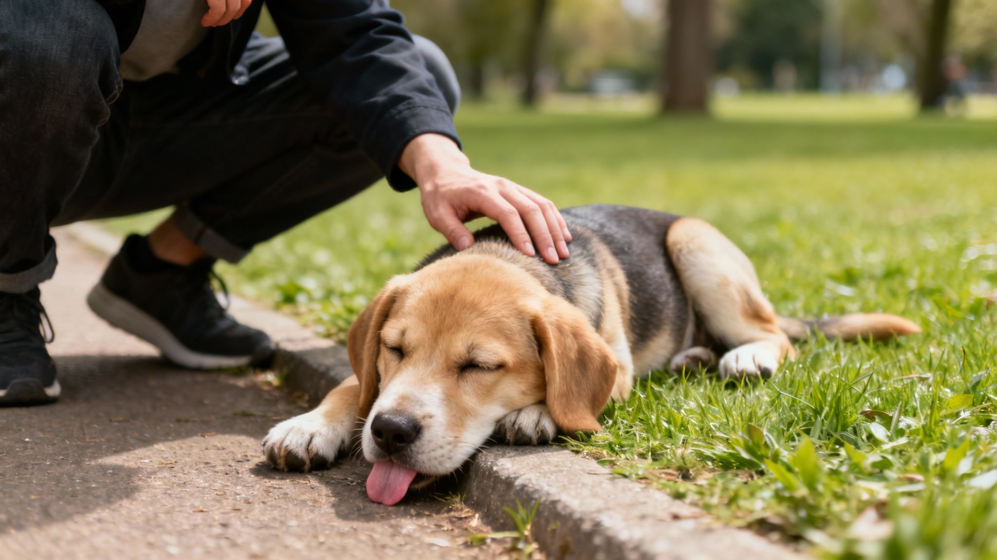 A tired puppy lying down on the grass during a walk, looking up at its owner.