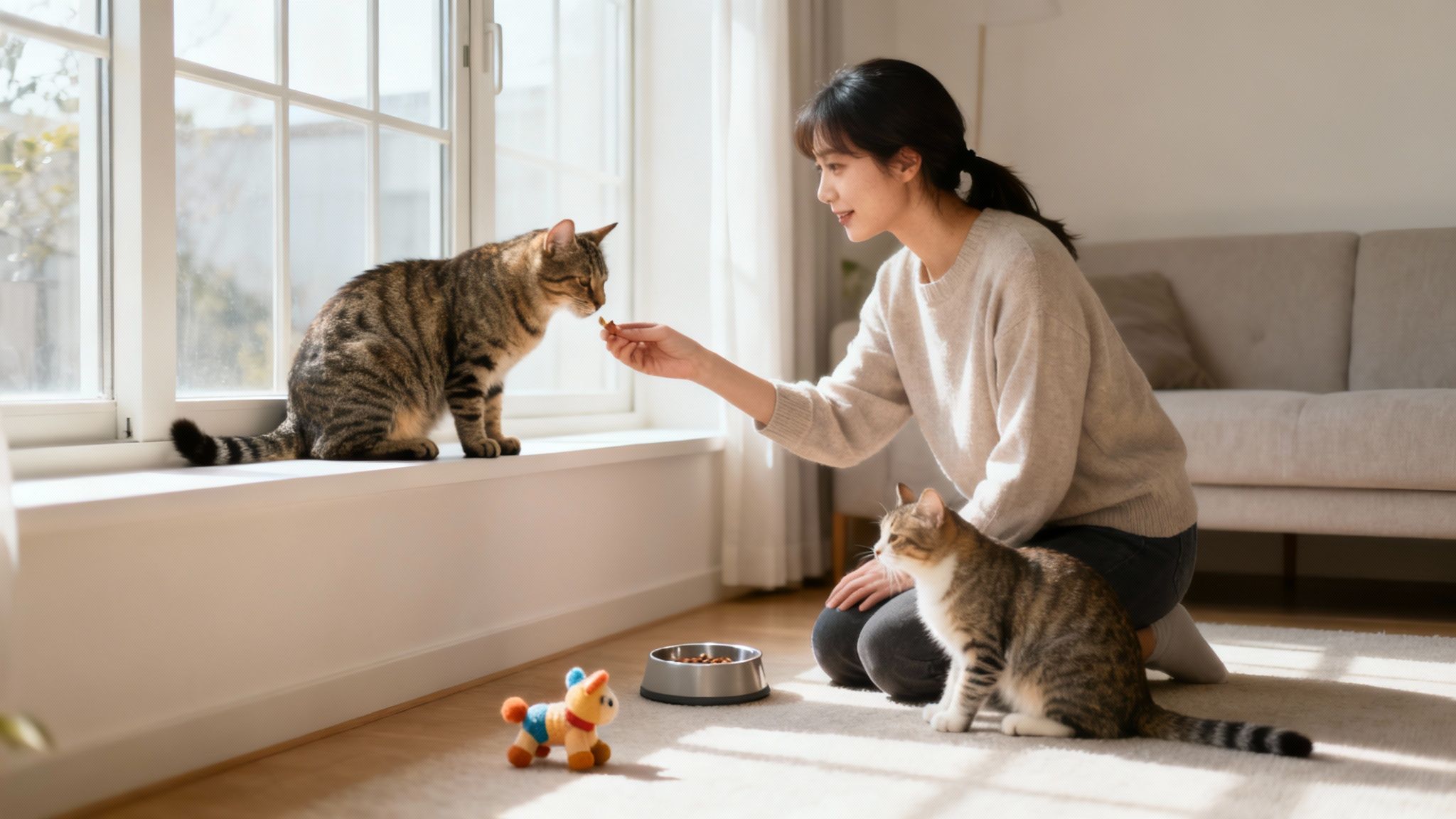 A person gently stroking a calm, fluffy cat lying on a sofa.