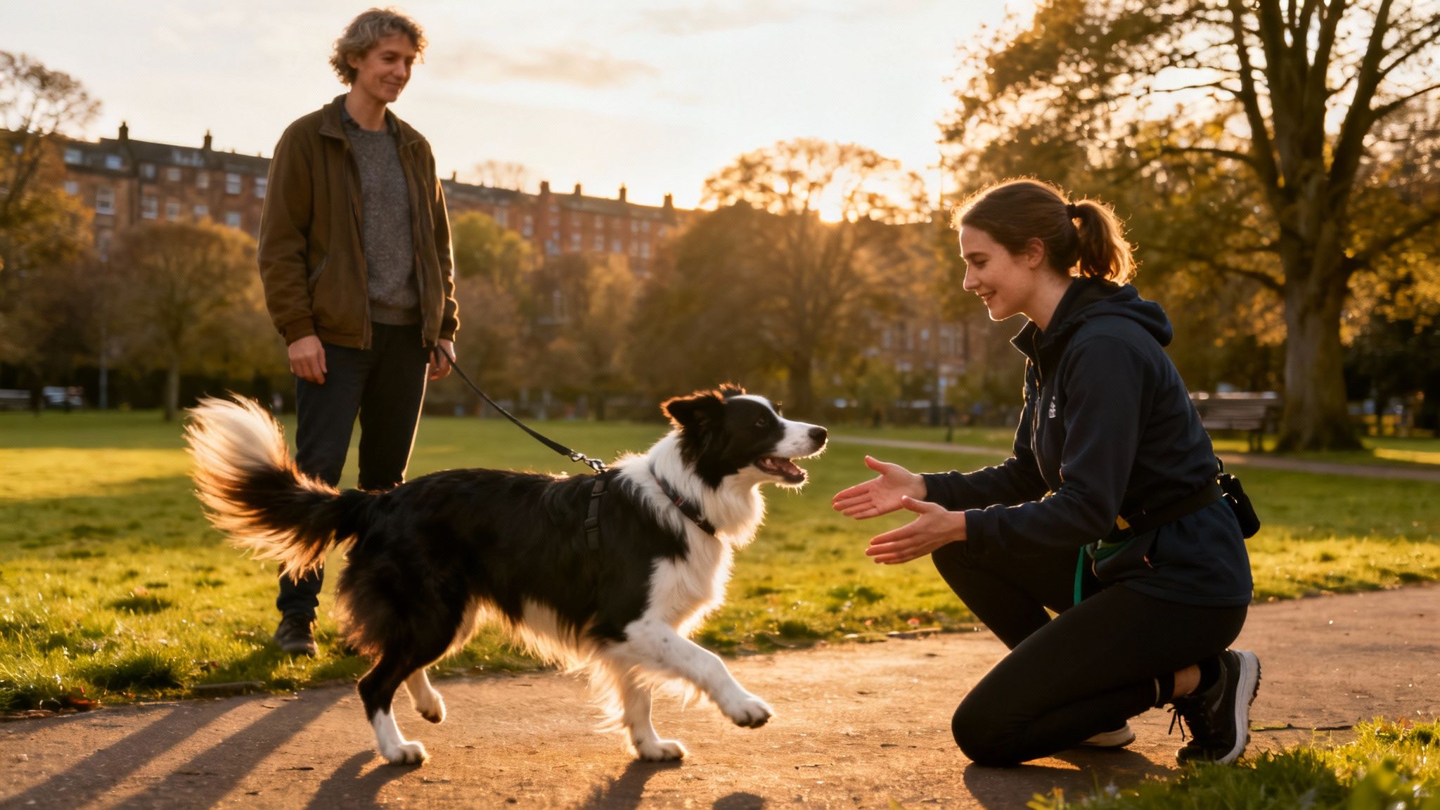 A dog walker and a dog owner shaking hands with a happy dog between them.