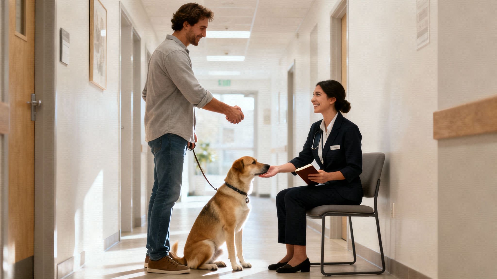 A dog owner gives a dog sitter a set of keys at the front door.