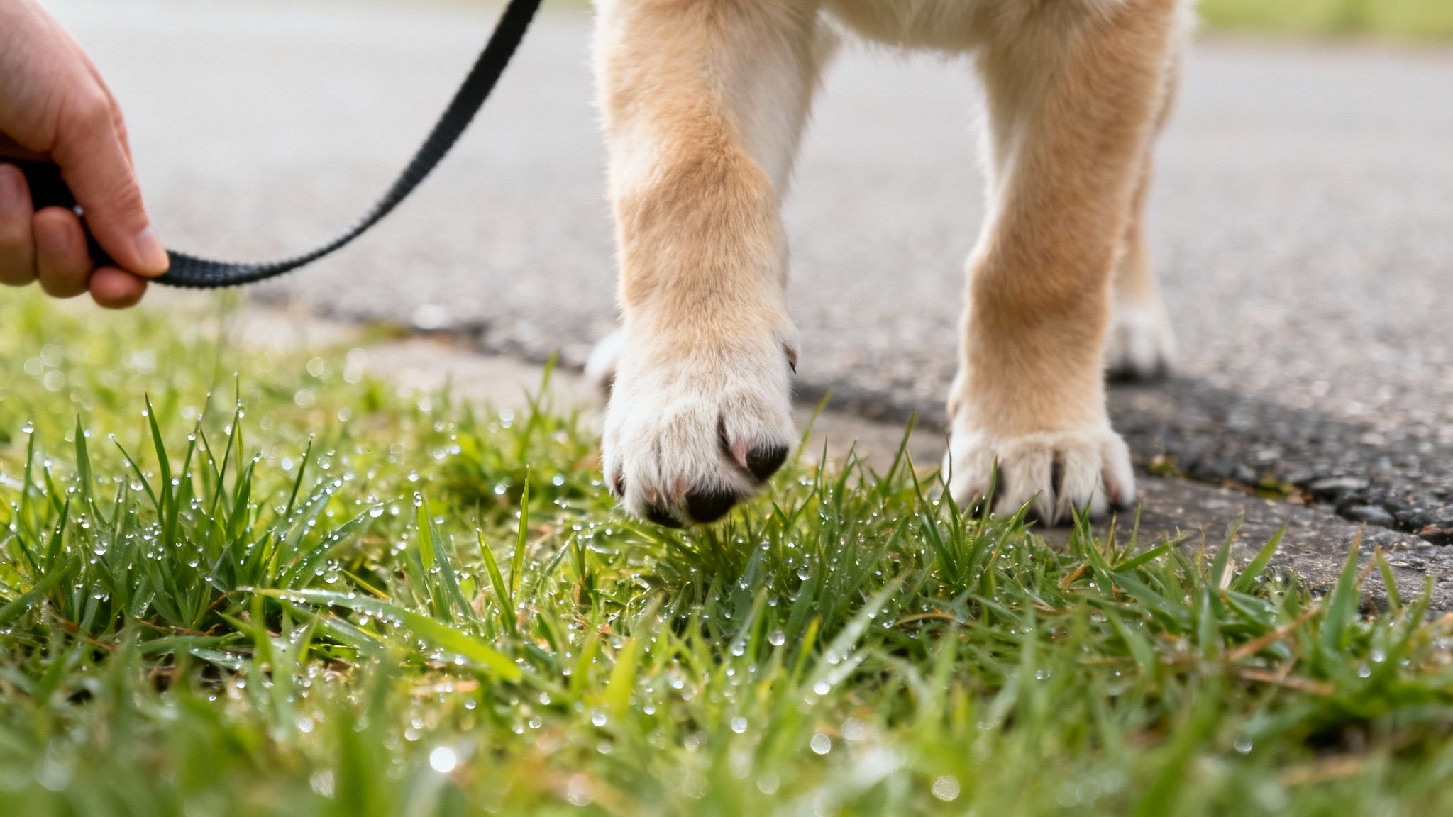 A small puppy sitting on the grass looking up at its owner, ready for a walk.