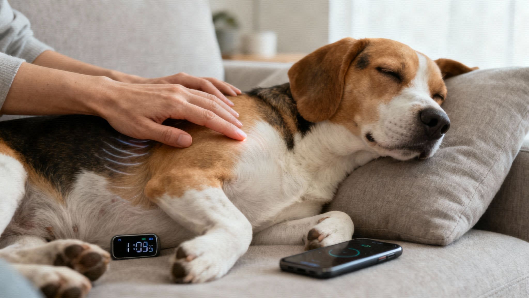 Dog resting with its owner looking on with care