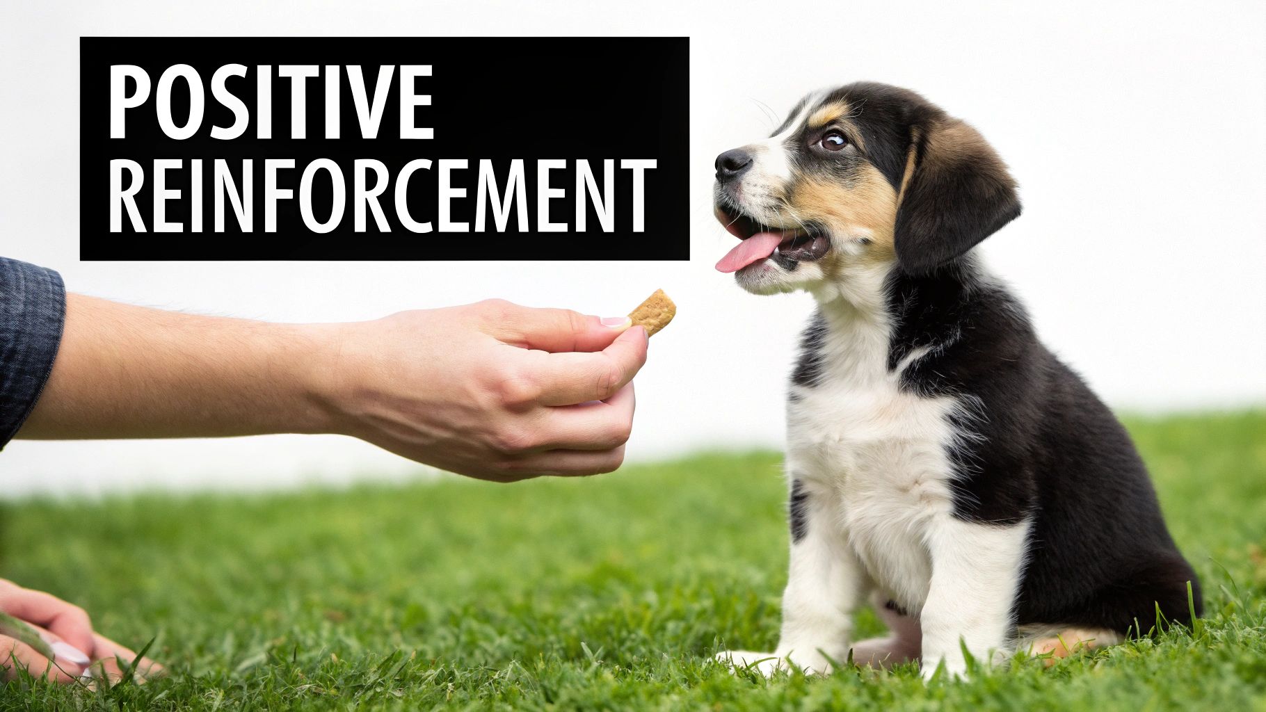 A happy puppy receiving a small treat from its owner's hand as a reward during a training session.