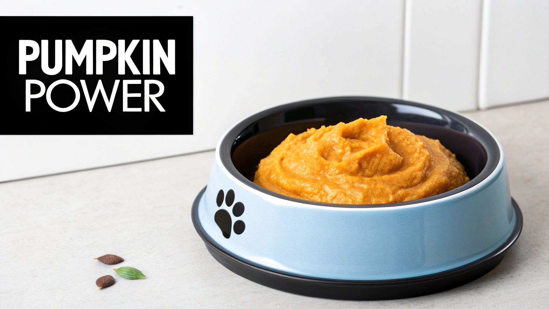 A spoonful of orange pumpkin puree being added to a dog's food bowl