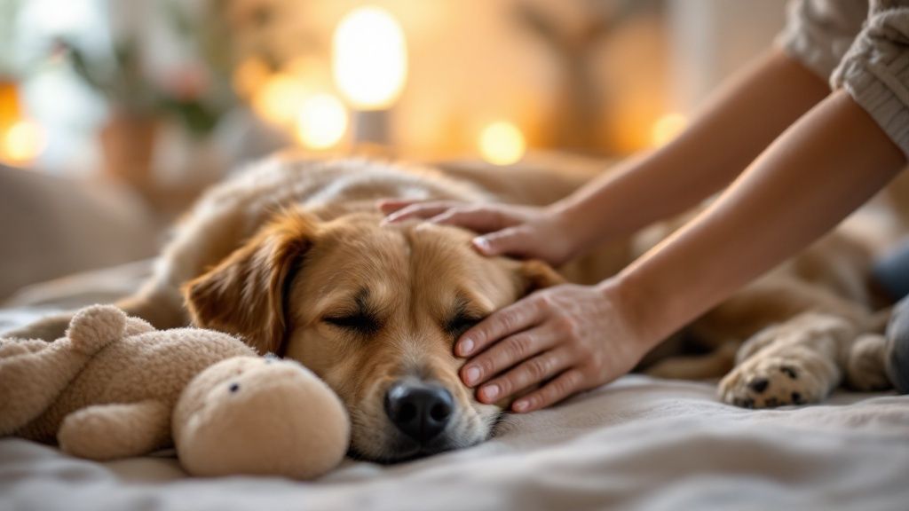 A dog looking curiously at the camera while lying on a bed.