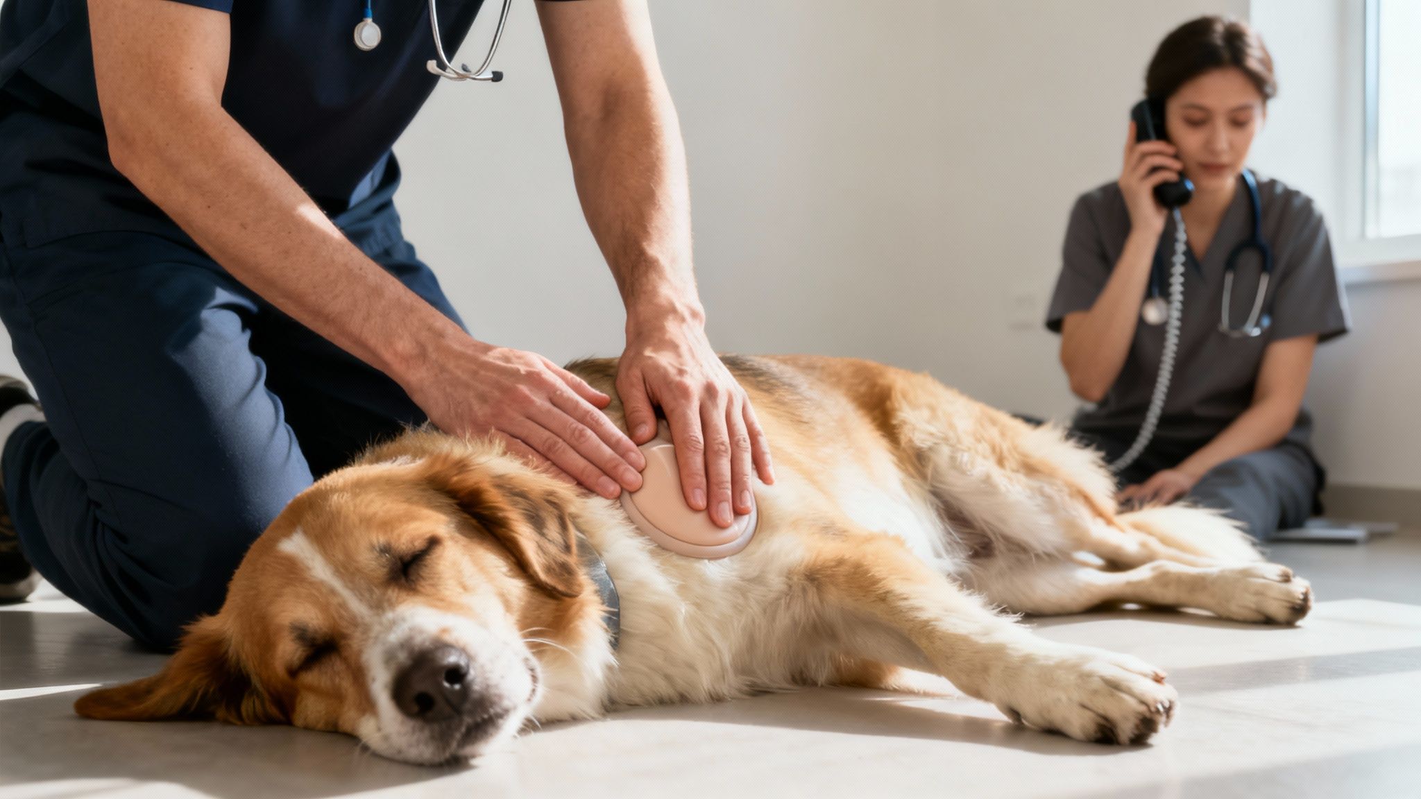 A person performing CPR on a dog mannequin, demonstrating the correct hand placement for chest compressions.