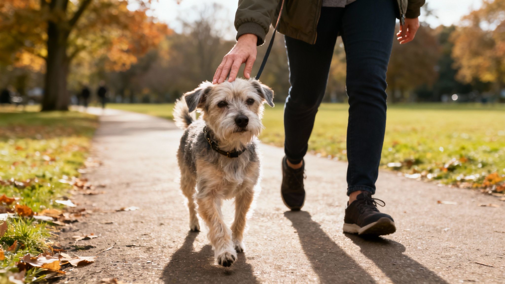 A happy dog on a one-to-one walk in a sunny park with its personal dog walker.