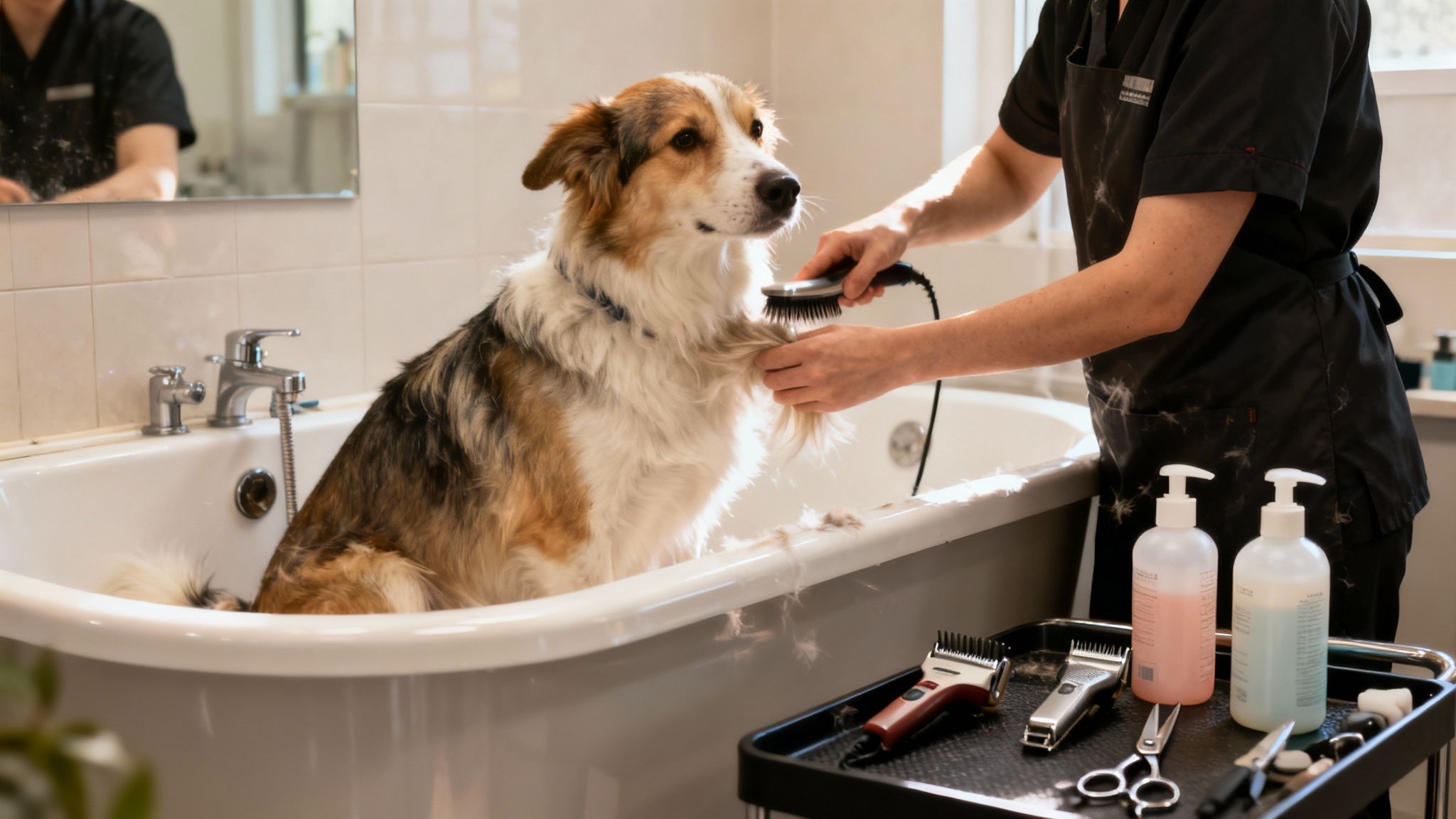 A professional groomer carefully trimming a small dog's paws