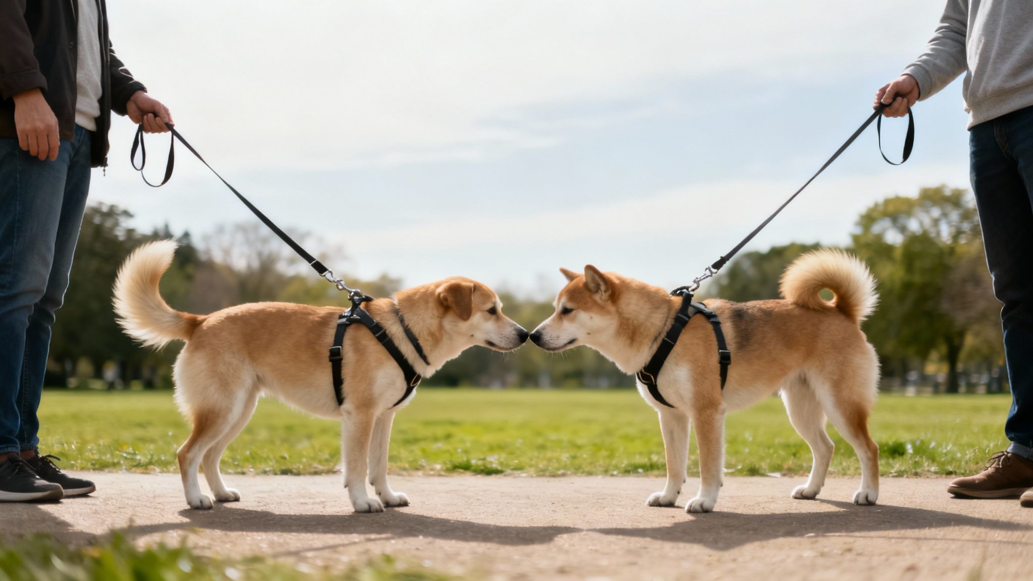 Two dogs meeting each other on leashes in a grassy park with their owners.