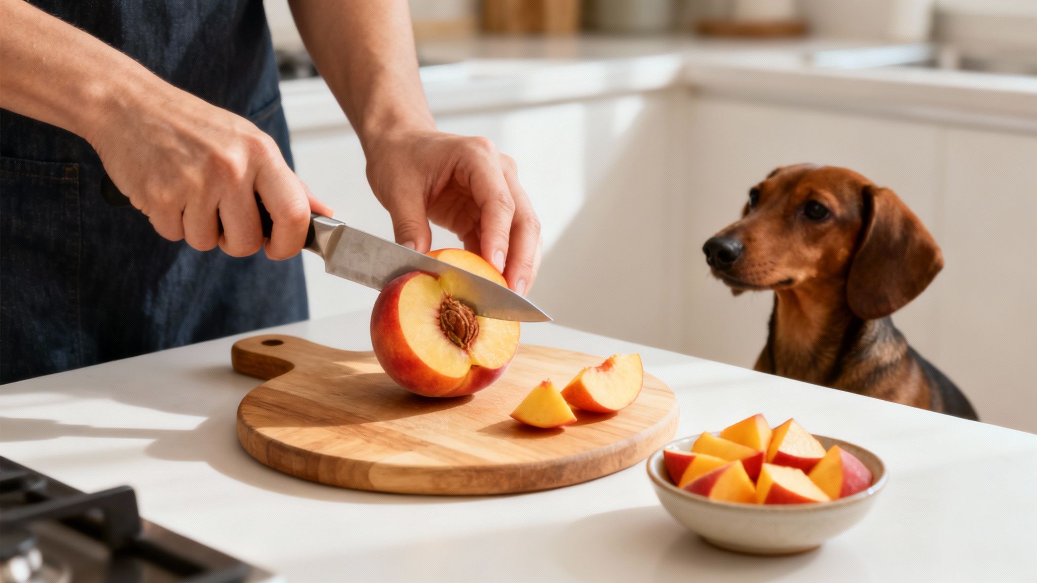 A person safely cutting a fresh peach into slices, preparing it for their dog.