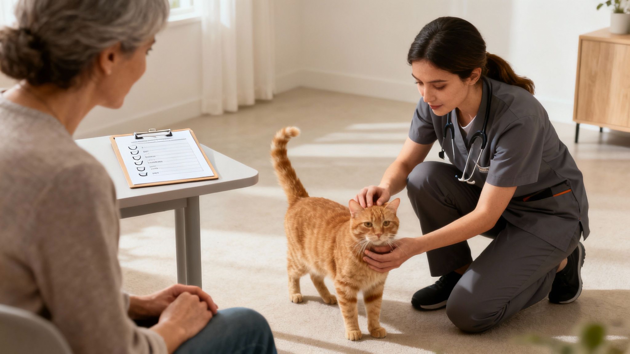 A person and a cat looking at each other during an interview.