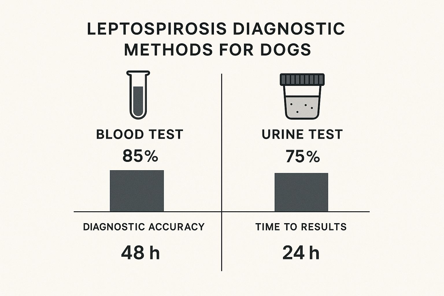 An infographic comparing Blood Test and Urine Test for diagnosing leptospirosis in dogs, showing accuracy and time to results.