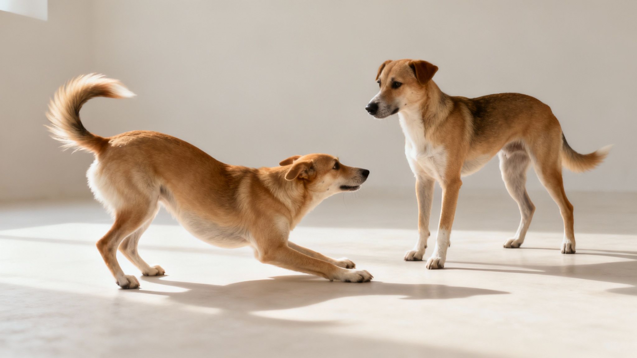 A golden retriever and a border collie greeting each other cautiously in a park