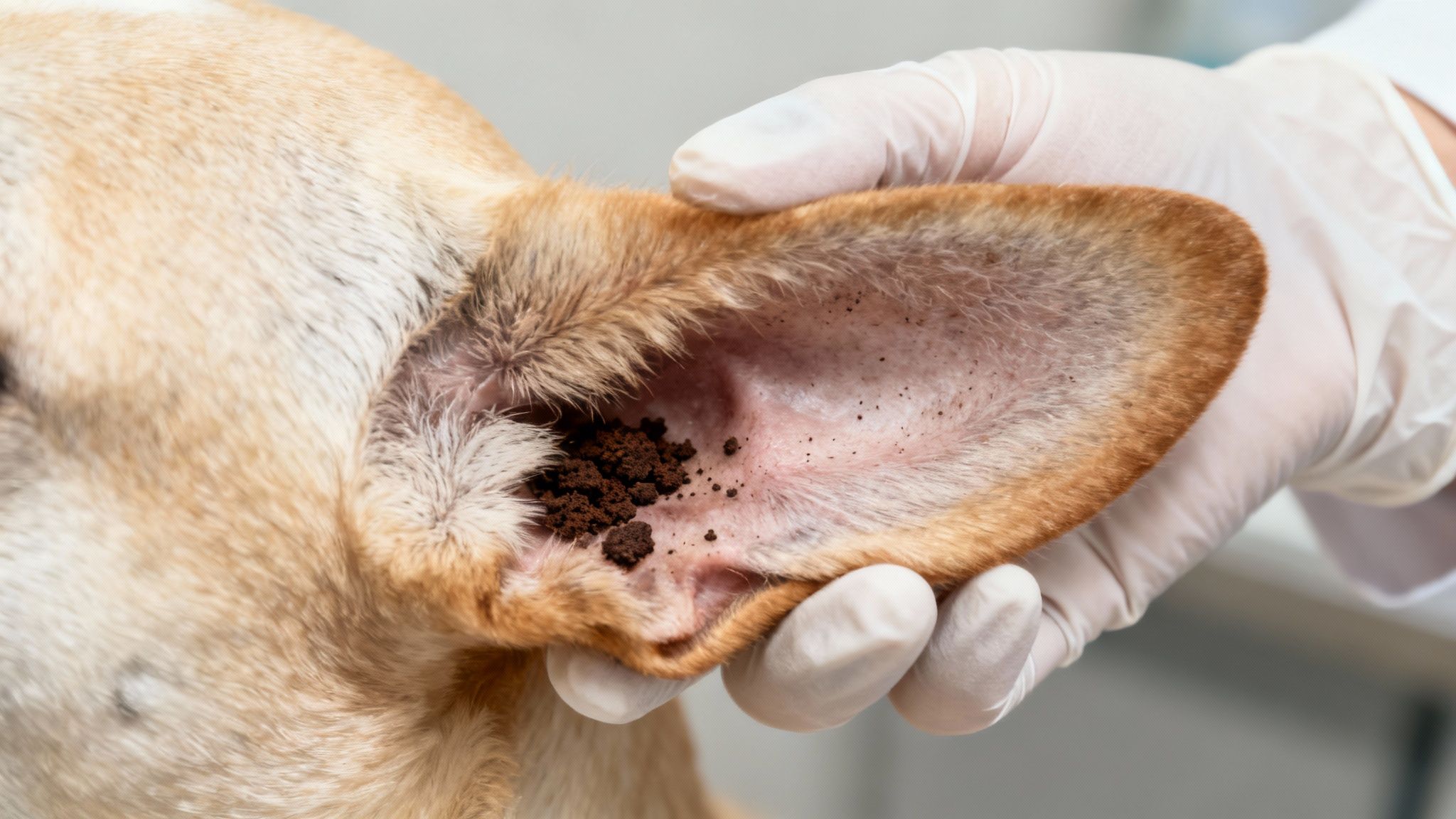 A close-up of a dog's ear, showing the inner flap and ear canal.